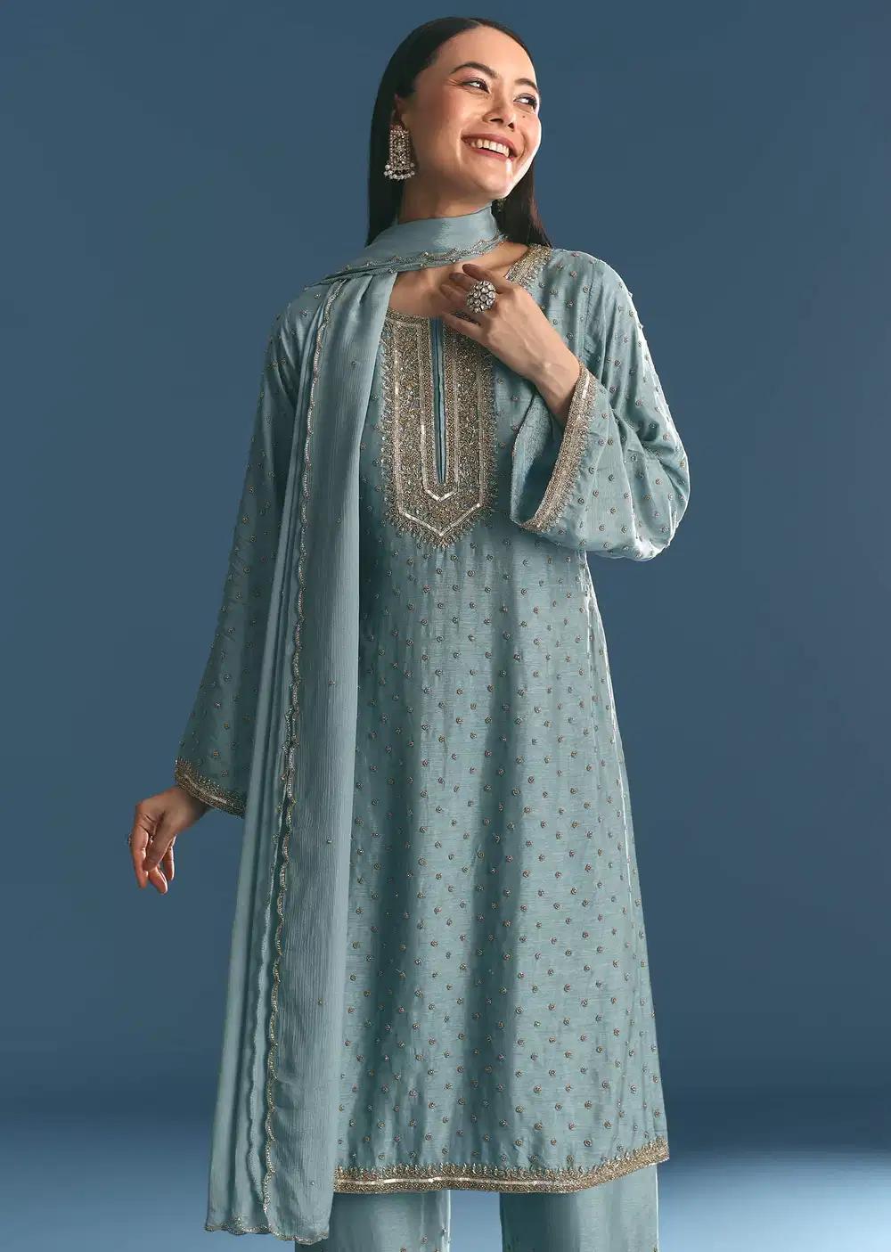 Blue Muslin Floral Print Kurta Dupatta Ensemble With Moti Cutdana Work Outfit