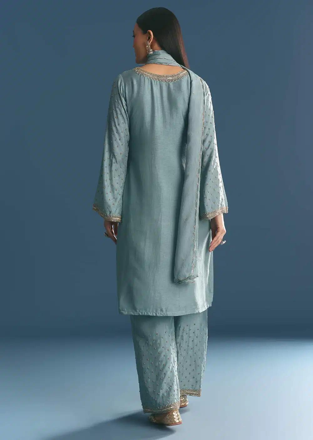 Blue Muslin Floral Print Kurta Dupatta Ensemble With Moti Cutdana Work Outfit