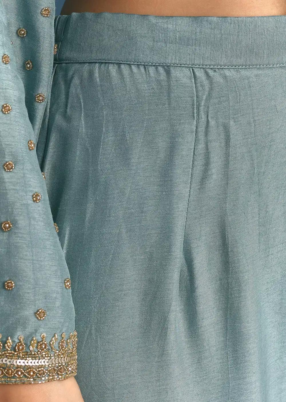Blue Muslin Floral Print Kurta Dupatta Ensemble With Moti Cutdana Work Outfit