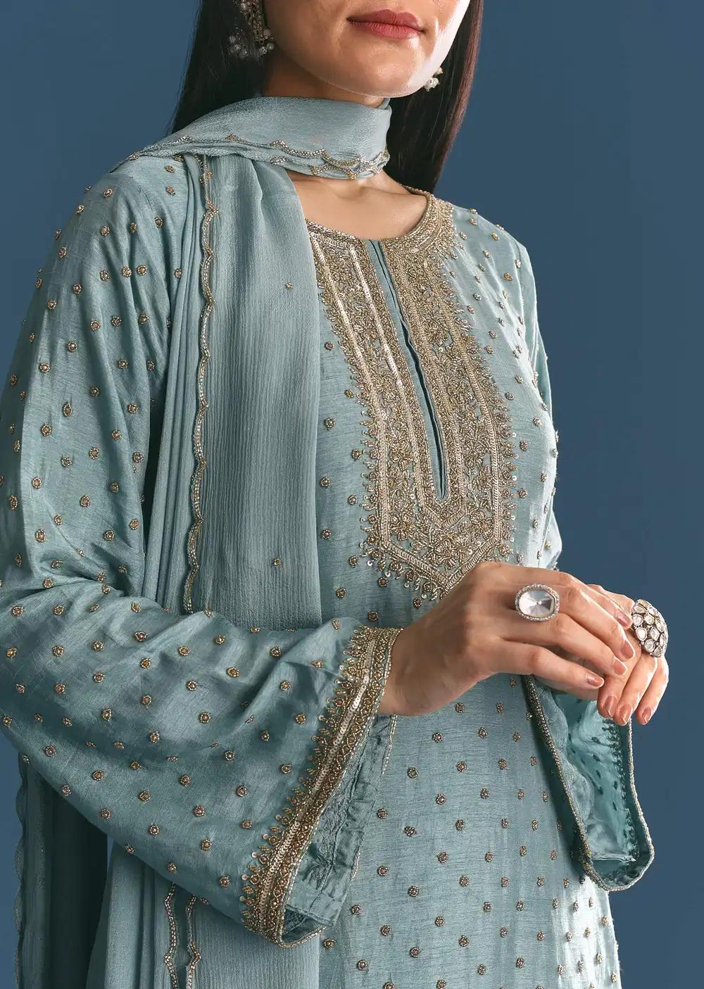 Blue Muslin Floral Print Kurta Dupatta Ensemble With Moti Cutdana Work Outfit