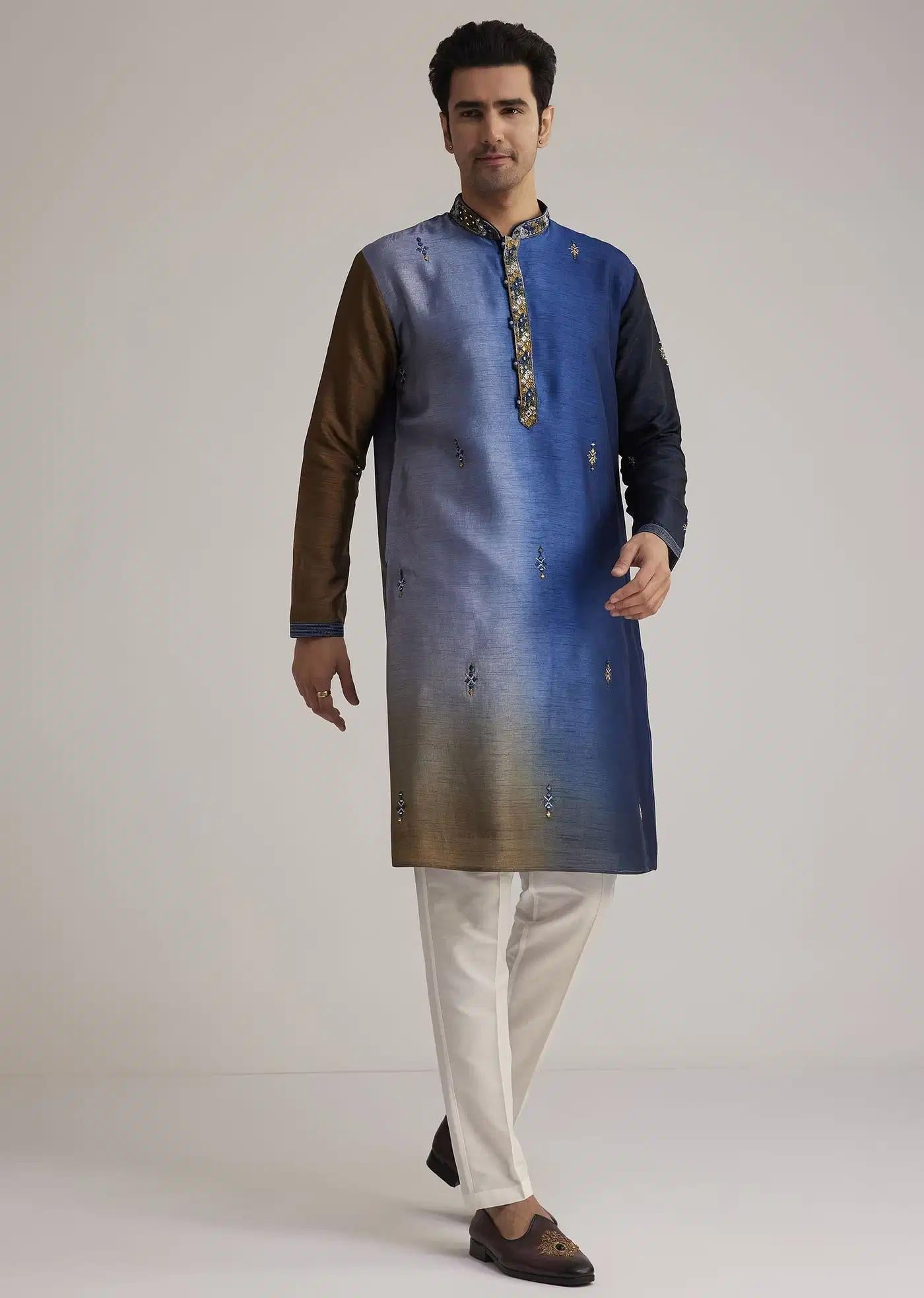 Blue Ombre Silk Kurta Set With Mirror Embellishments Elegant Designer Kurta Sets