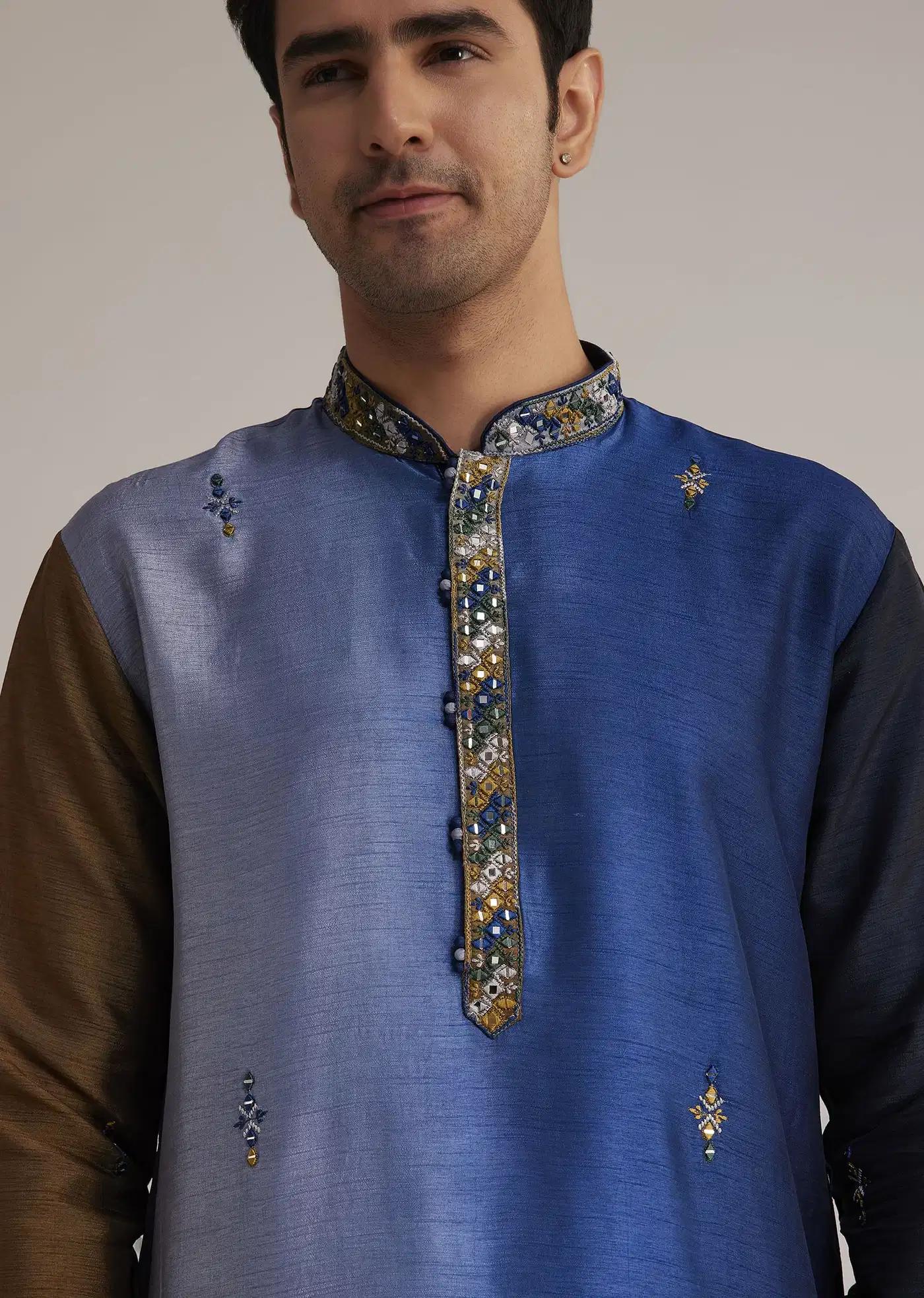 Blue Ombre Silk Kurta Set With Mirror Embellishments Elegant Designer Kurta Sets