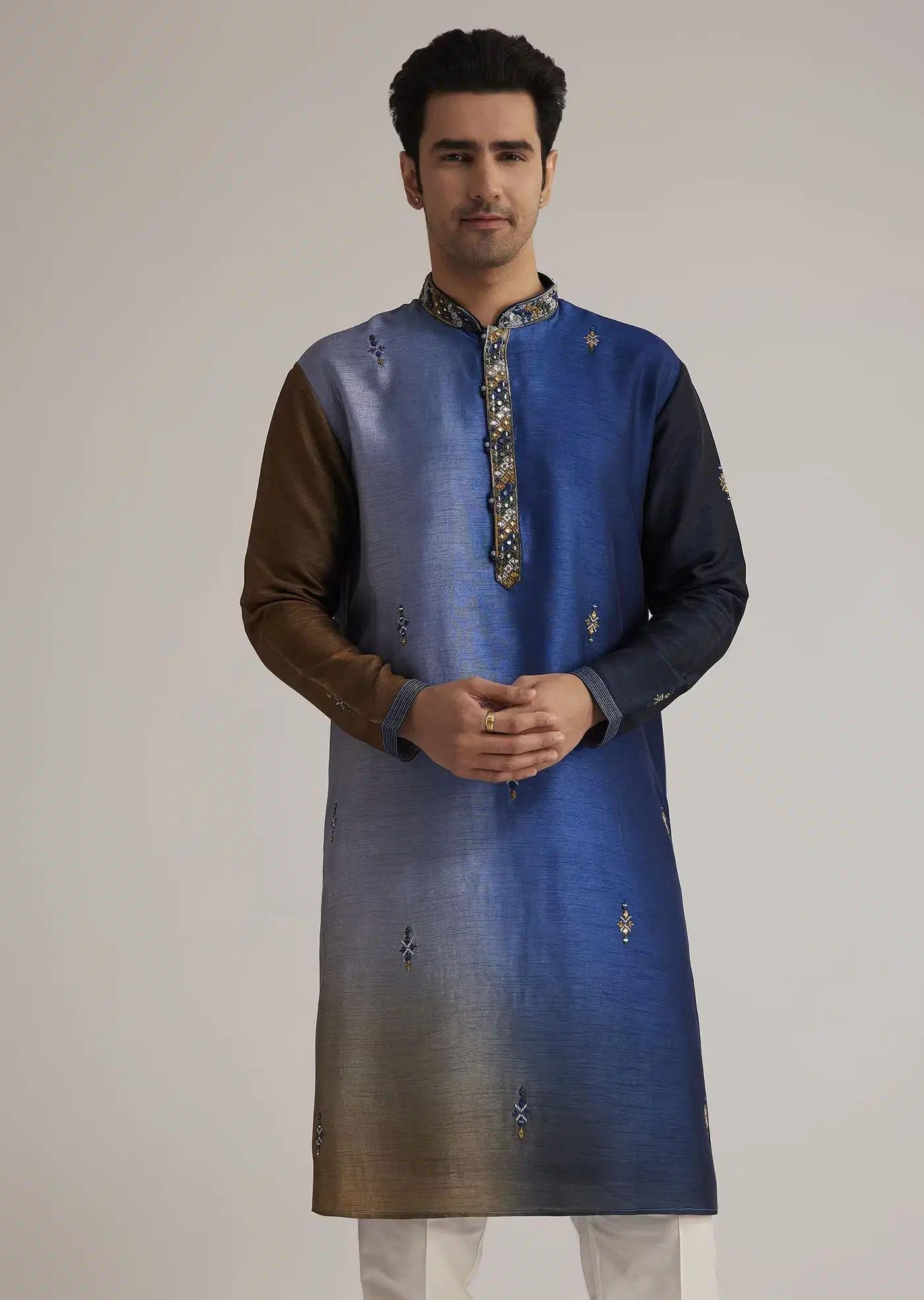 Blue Ombre Silk Kurta Set With Mirror Embellishments Elegant Designer Kurta Sets