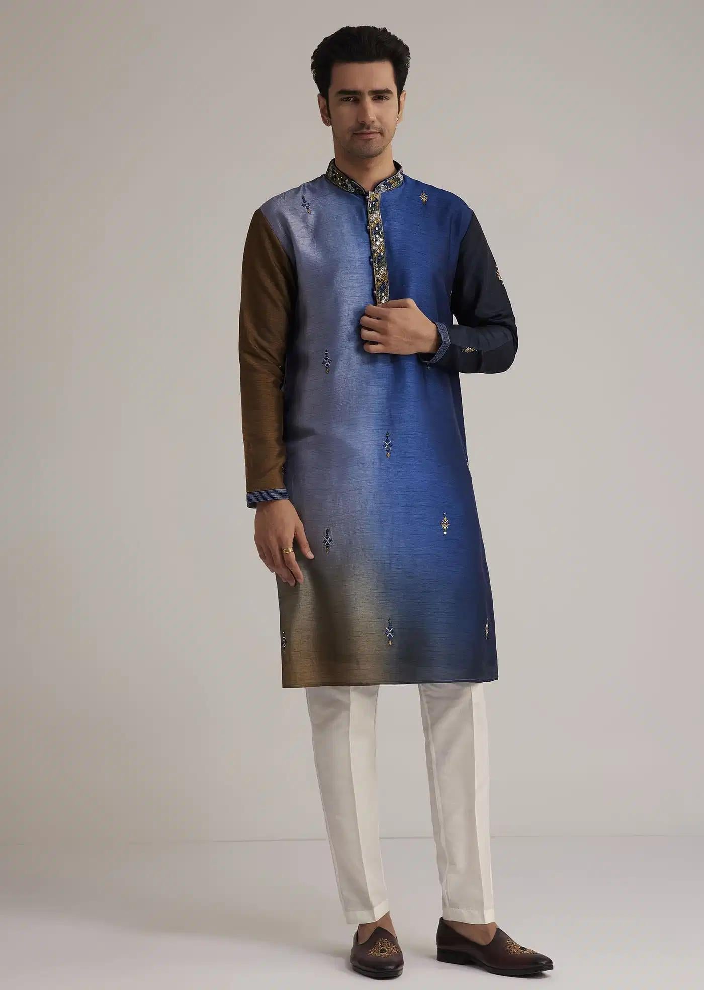 Blue Ombre Silk Kurta Set With Mirror Embellishments Elegant Designer Kurta Sets