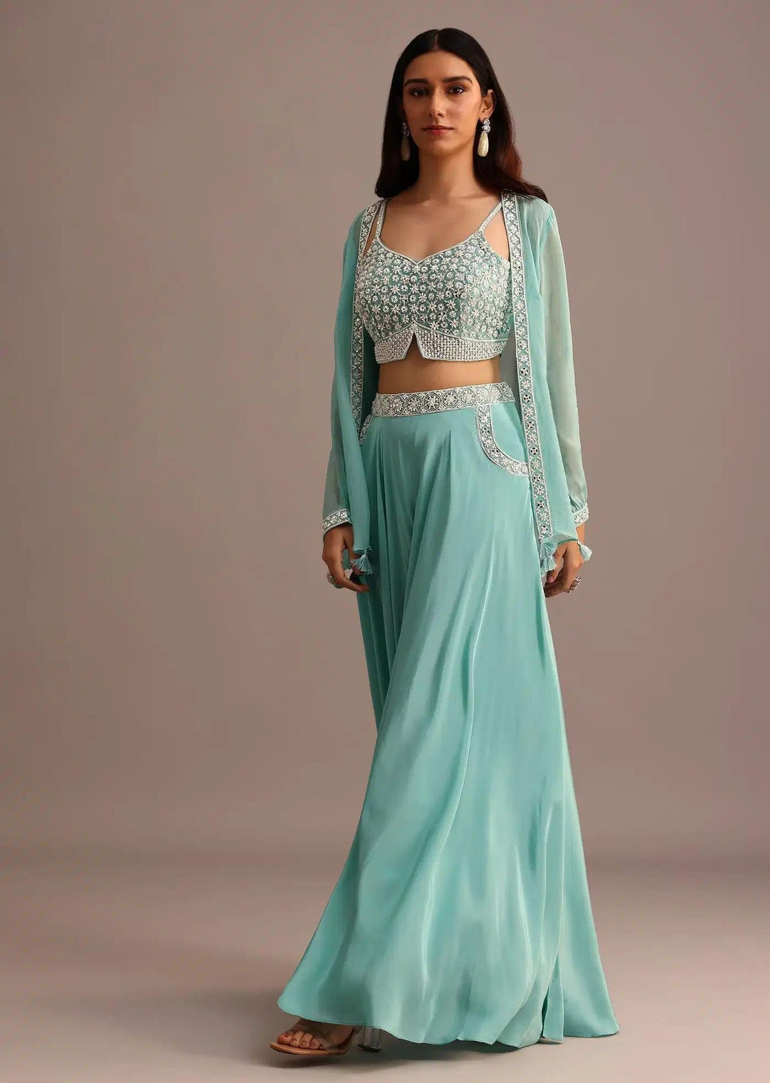 Blue Palazzo Co Ord With Embellished Organza Jacket