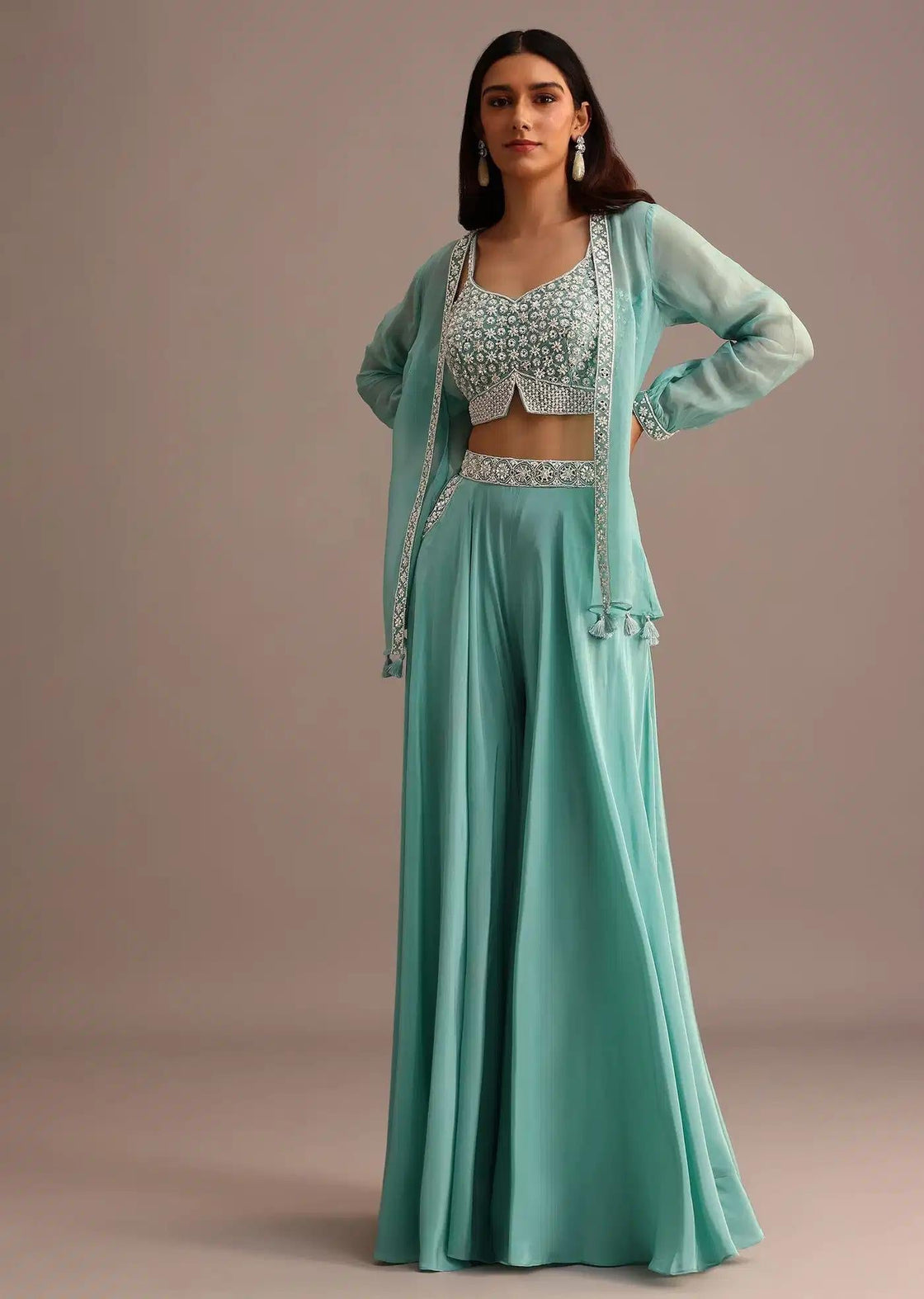 Blue Palazzo Co Ord With Embellished Organza Jacket
