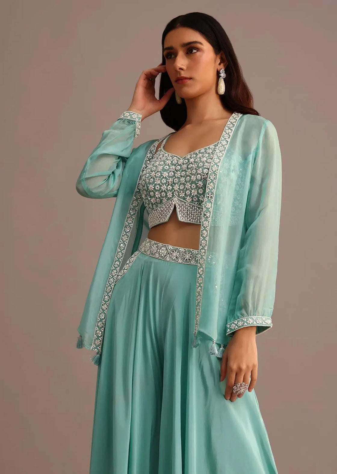Blue Palazzo Co Ord With Embellished Organza Jacket