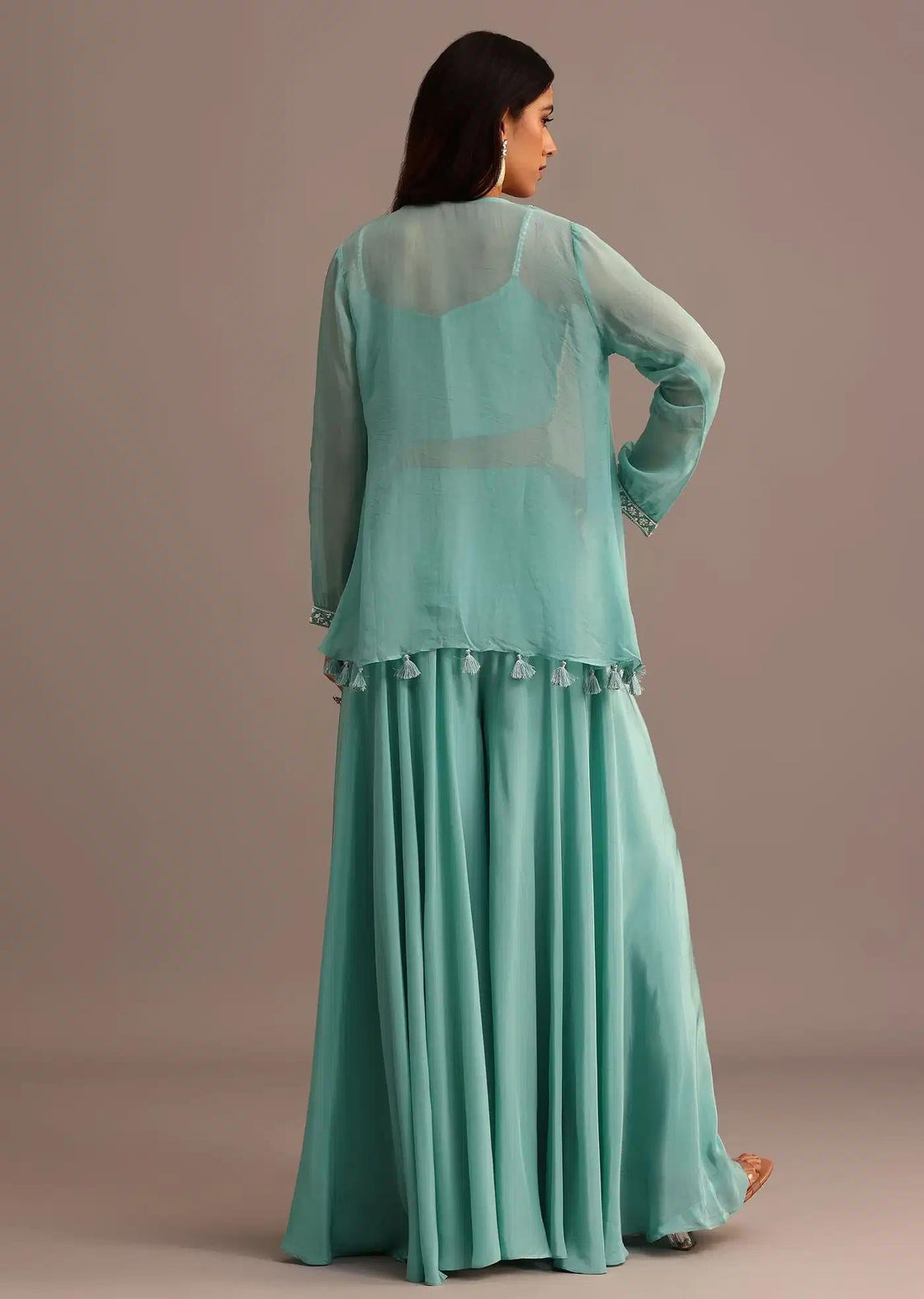 Blue Palazzo Co Ord With Embellished Organza Jacket