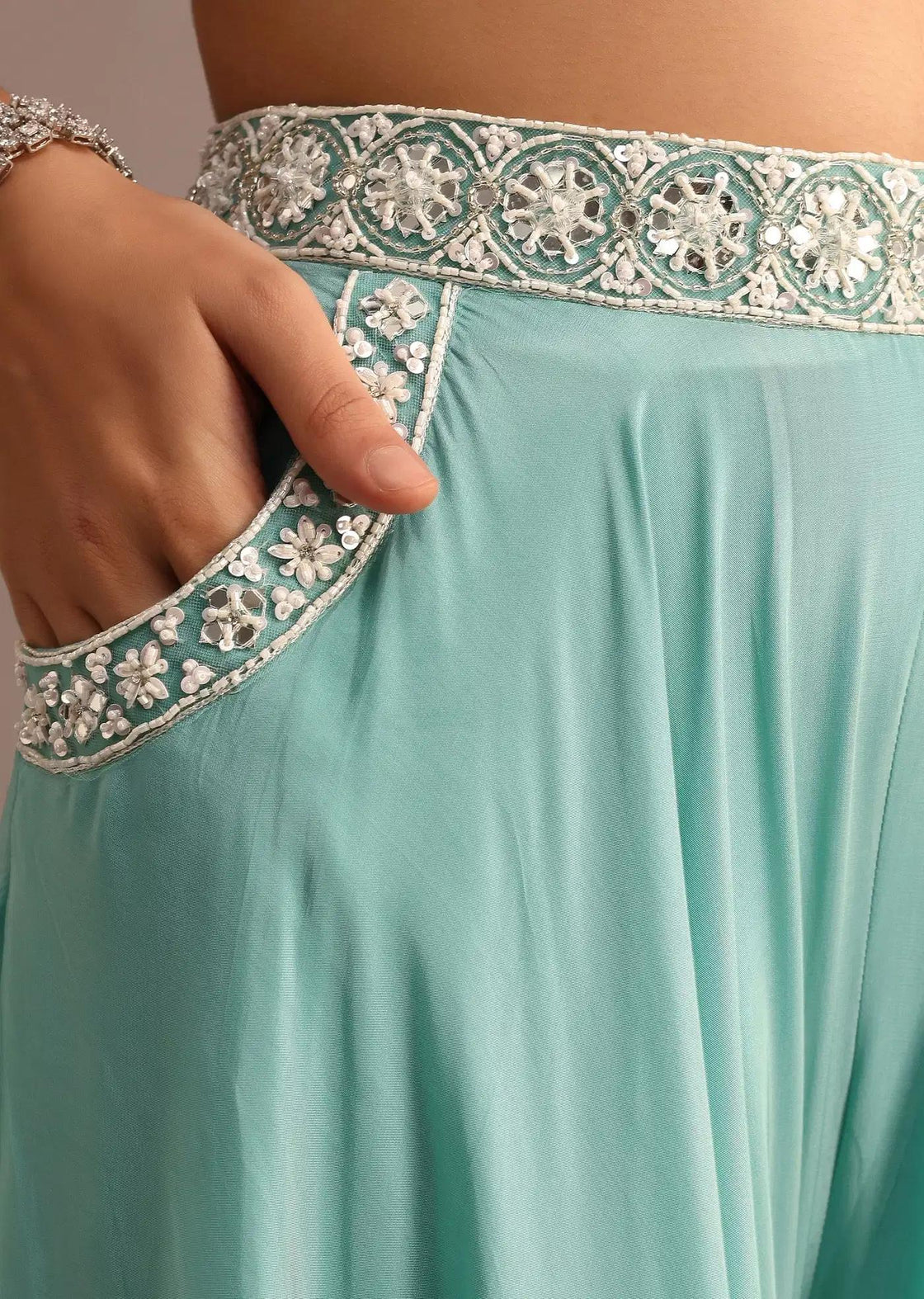 Blue Palazzo Co Ord With Embellished Organza Jacket
