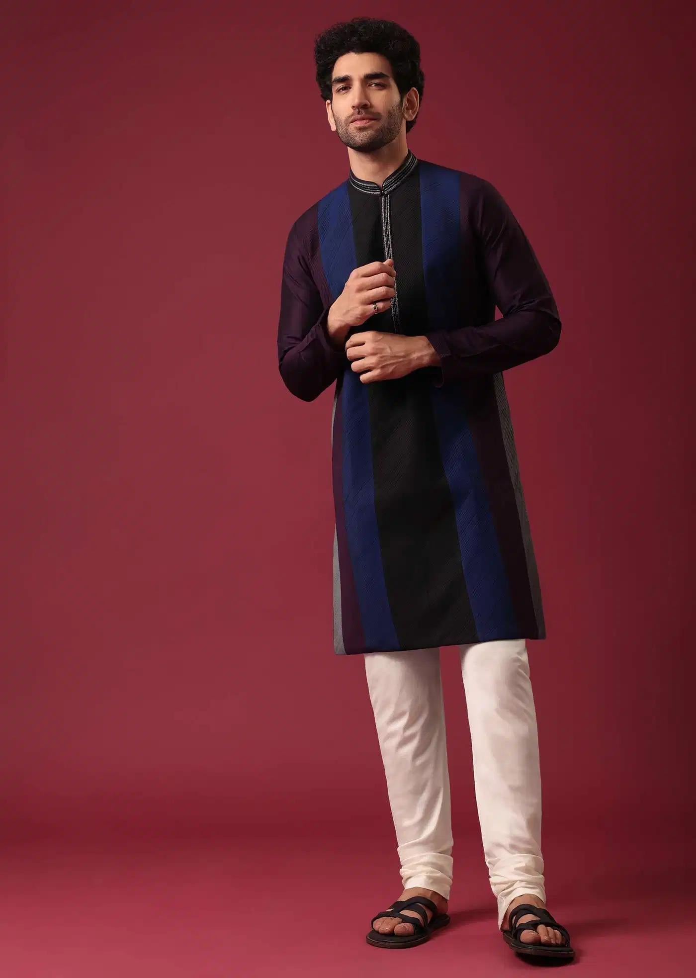 Blue Pintuck Colorblock Kurta Set In Silk Elegant Designer Kurta Sets
