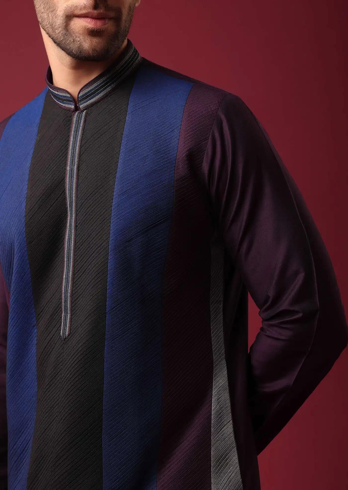 Blue Pintuck Colorblock Kurta Set In Silk Elegant Designer Kurta Sets