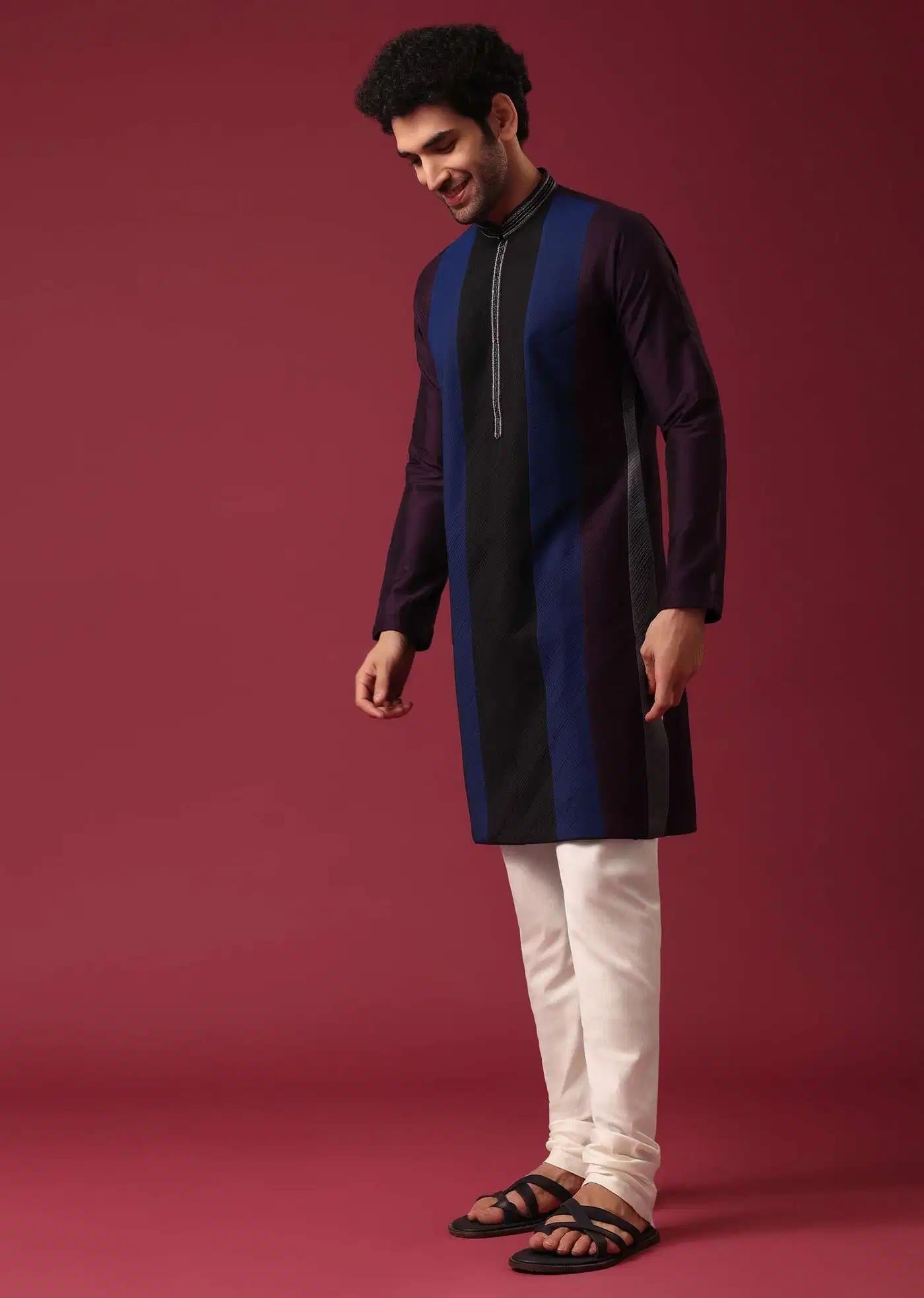 Blue Pintuck Colorblock Kurta Set In Silk Elegant Designer Kurta Sets