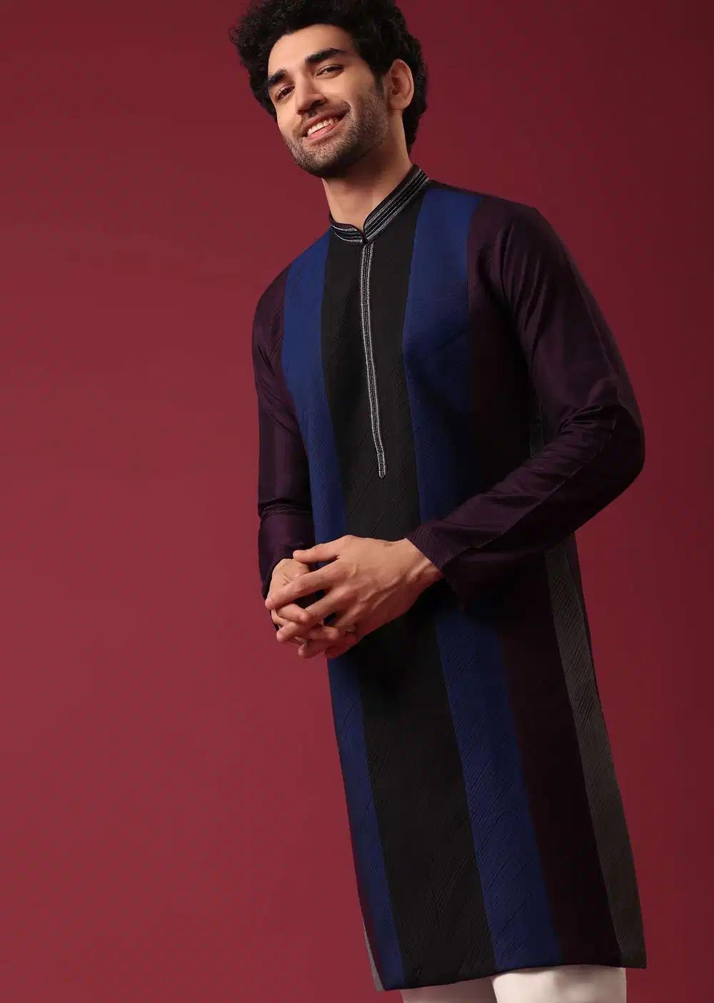 Blue Pintuck Colorblock Kurta Set In Silk Elegant Designer Kurta Sets