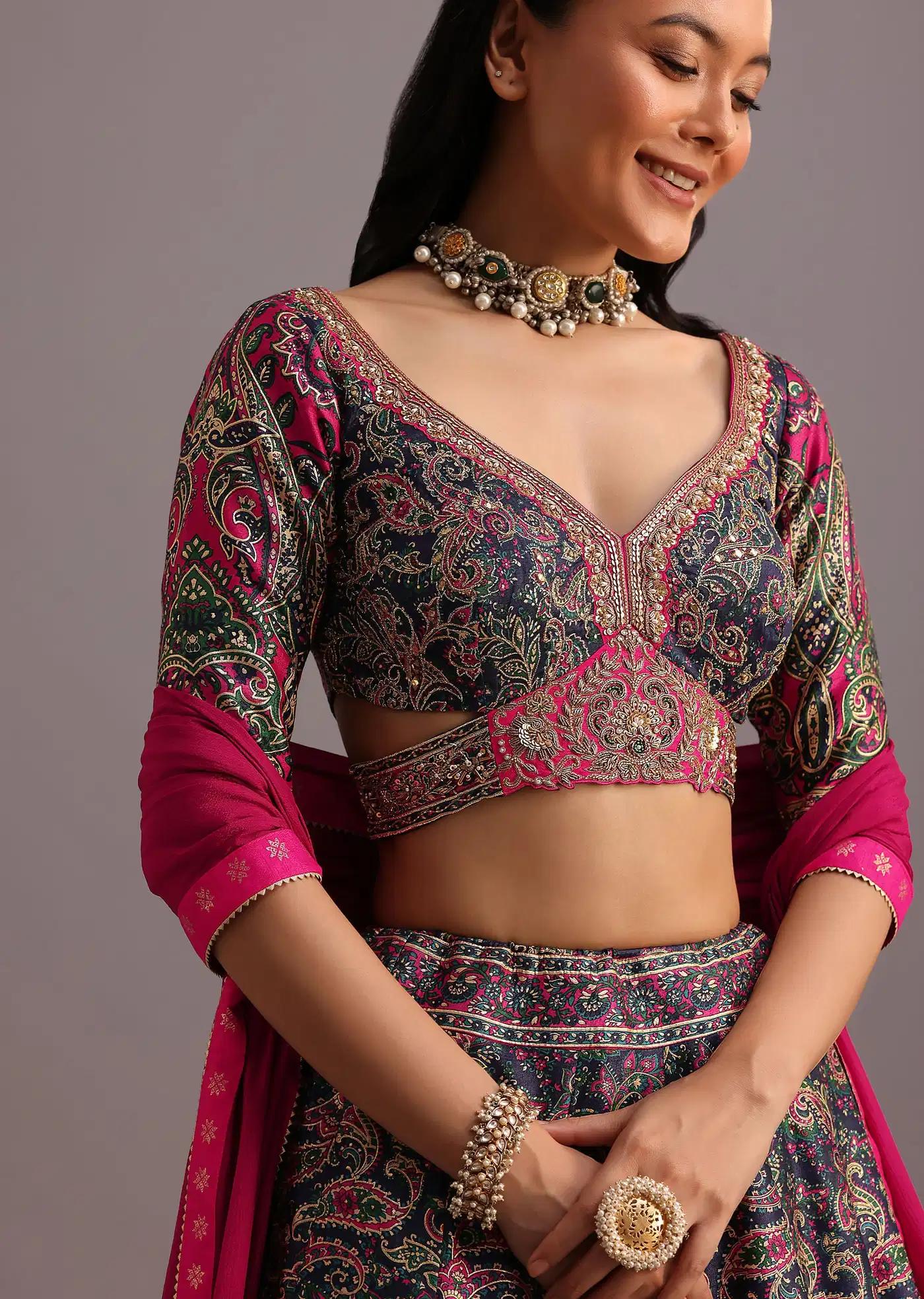 Blue Printed Lehenga Skirt Blouse Featuring Banarasi Weave Bordered Drape