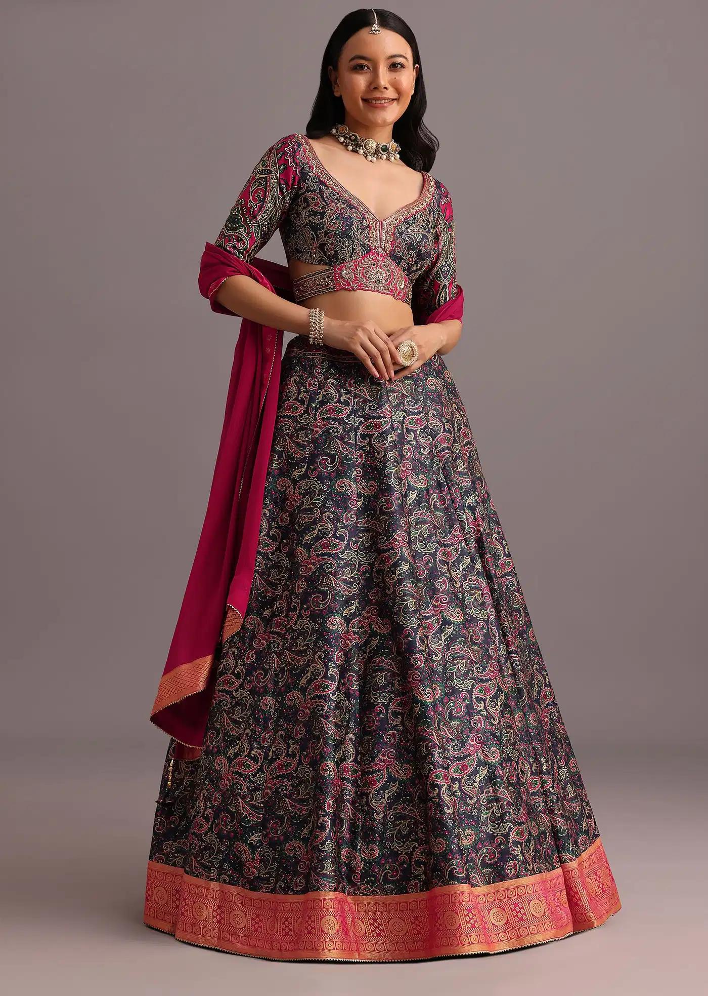 Blue Printed Lehenga Skirt Blouse Featuring Banarasi Weave Bordered Drape