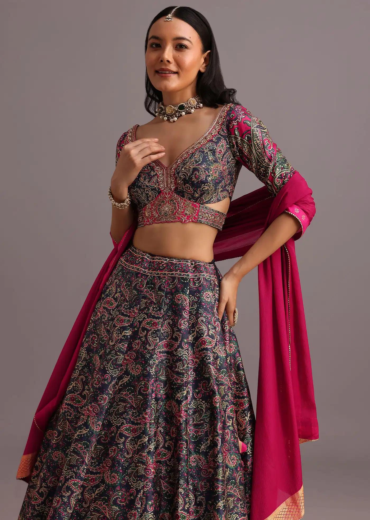 Blue Printed Lehenga Skirt Blouse Featuring Banarasi Weave Bordered Drape