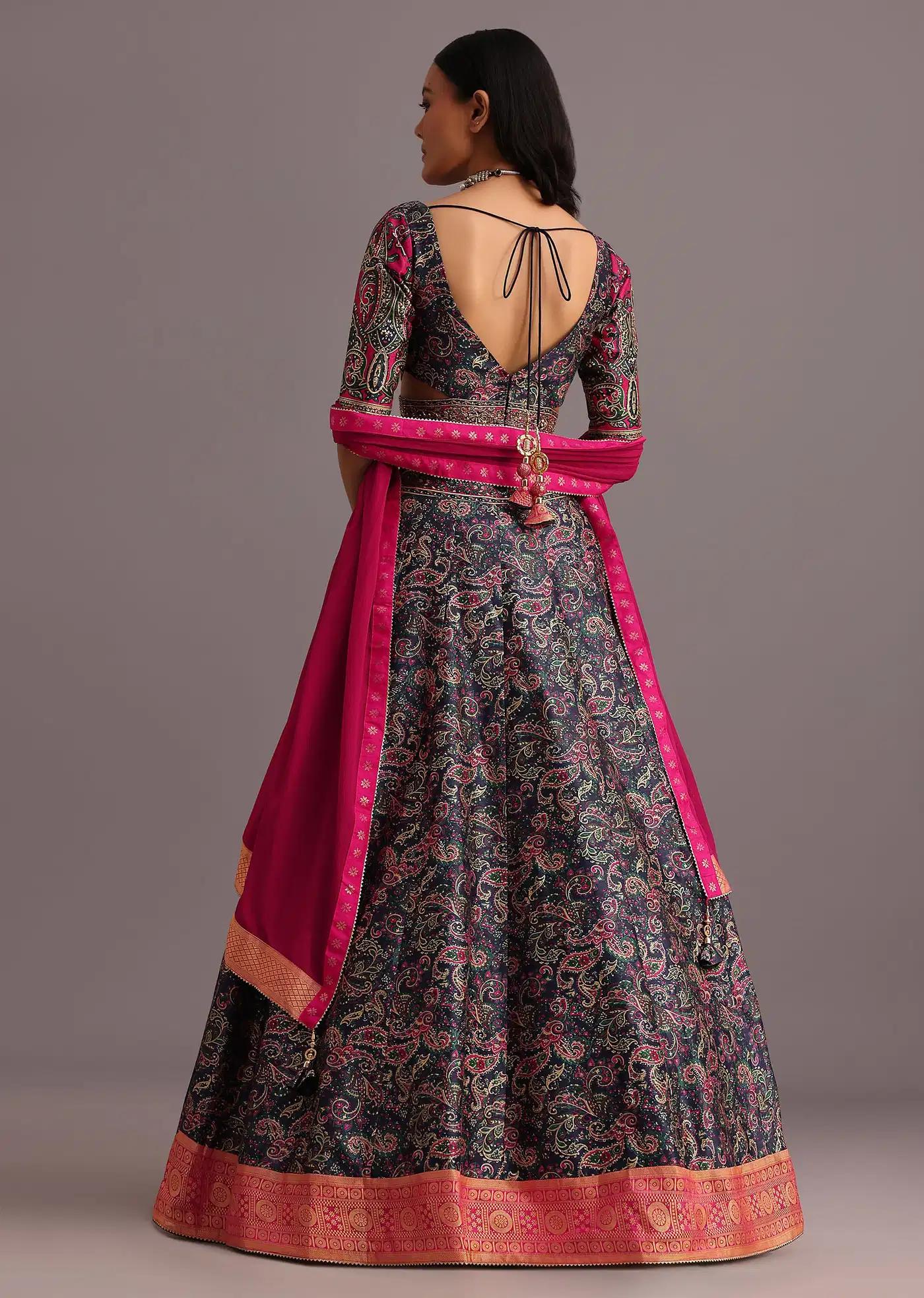 Blue Printed Lehenga Skirt Blouse Featuring Banarasi Weave Bordered Drape