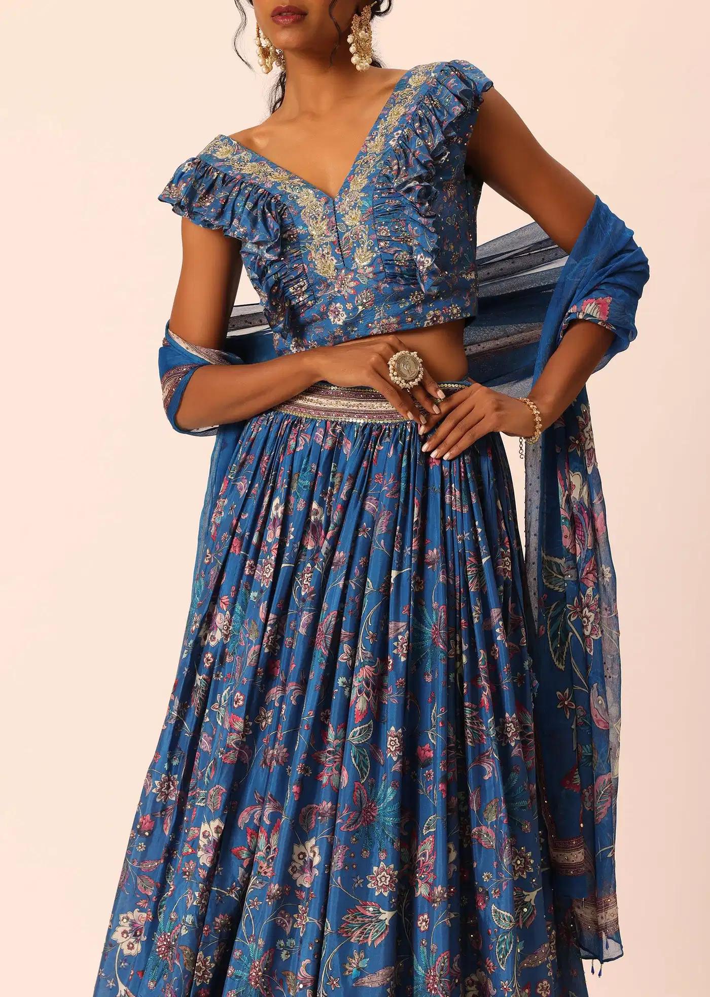 Blue Printed Lehenga Skirt Ensemble In Silk