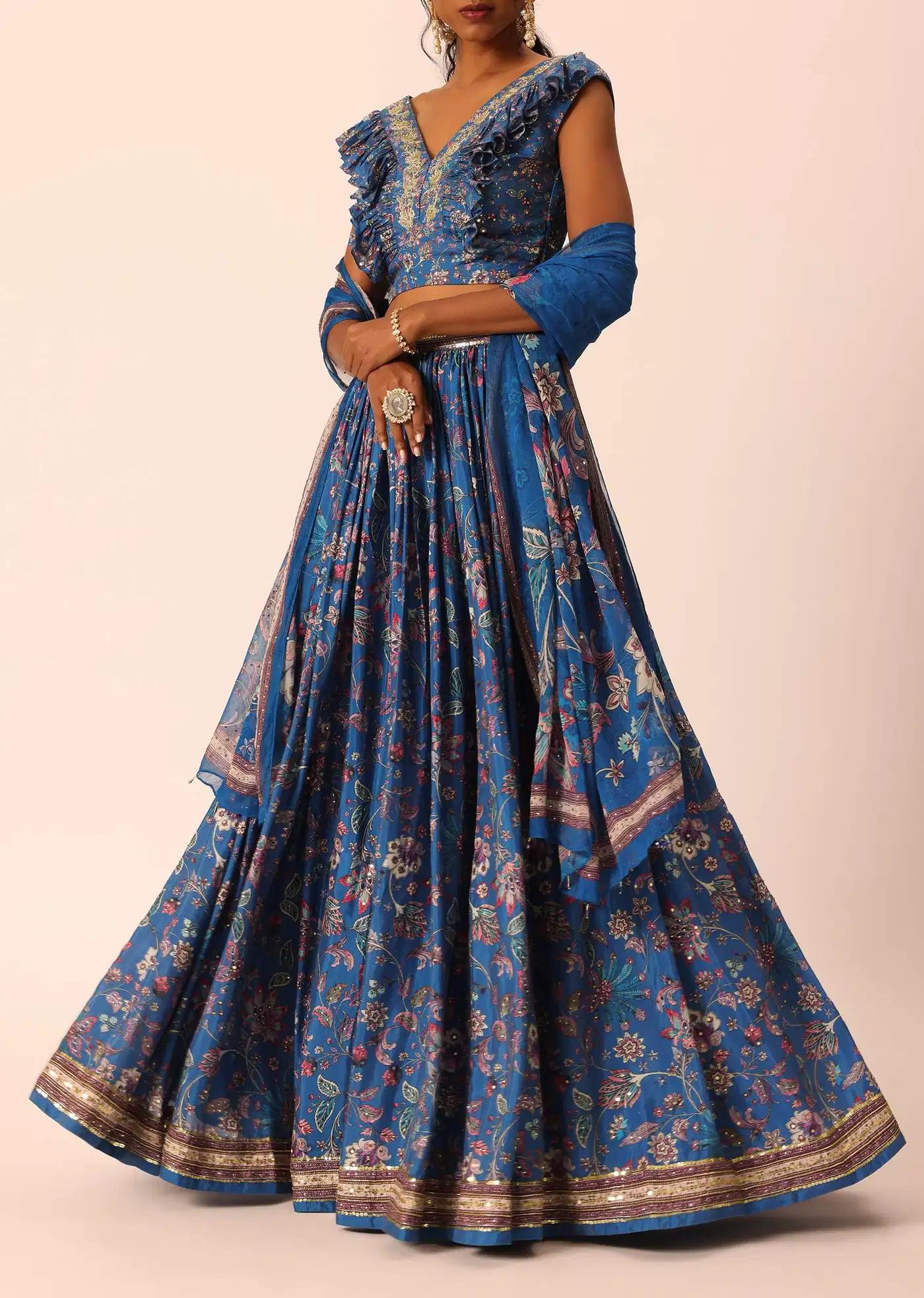 Blue Printed Lehenga Skirt Ensemble In Silk