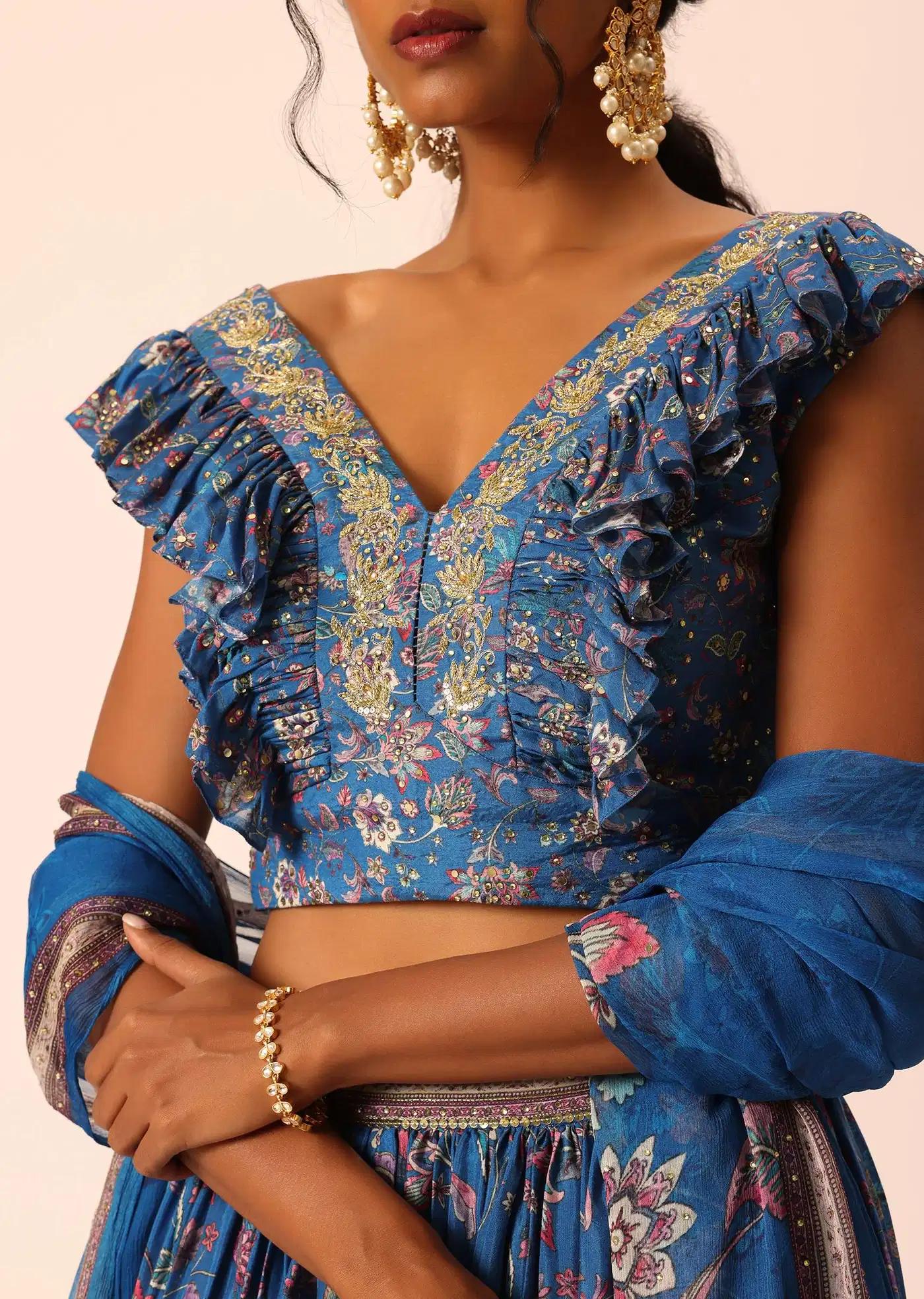 Blue Printed Lehenga Skirt Ensemble In Silk