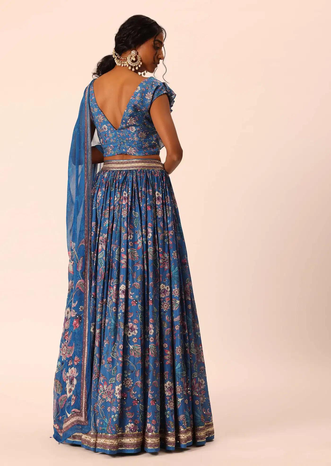 Blue Printed Lehenga Skirt Ensemble In Silk