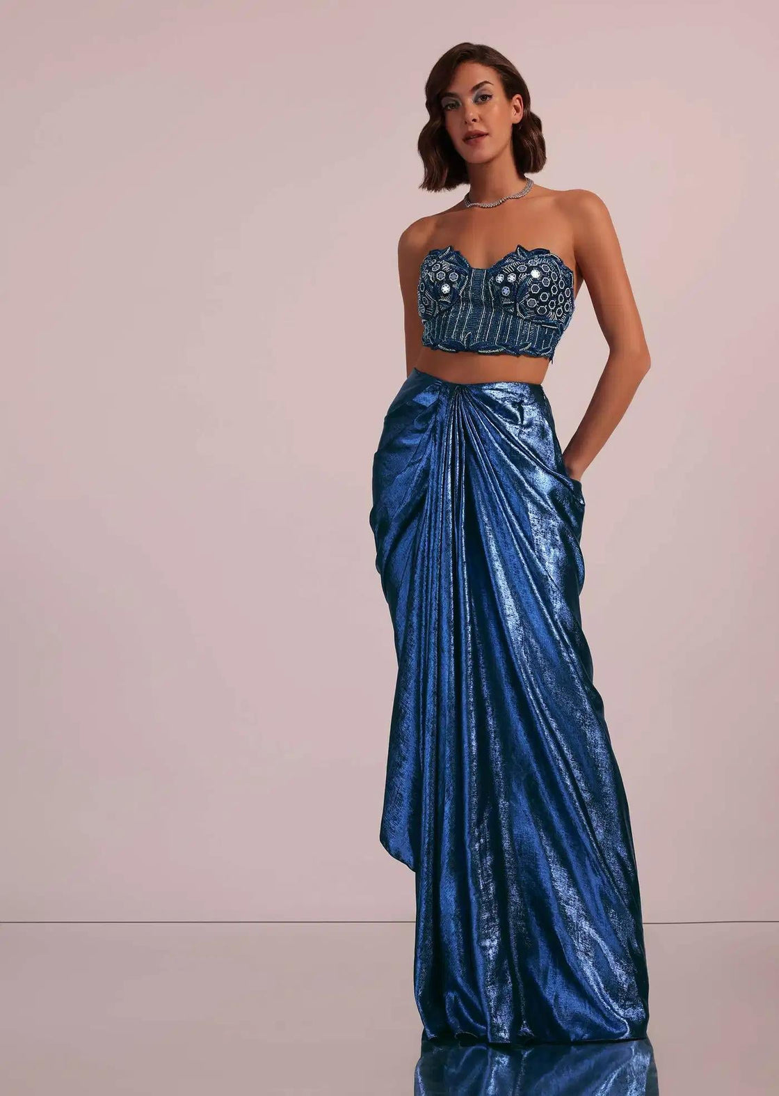 Blue Shimmer Skirt And Blouse With Handcrafted Details