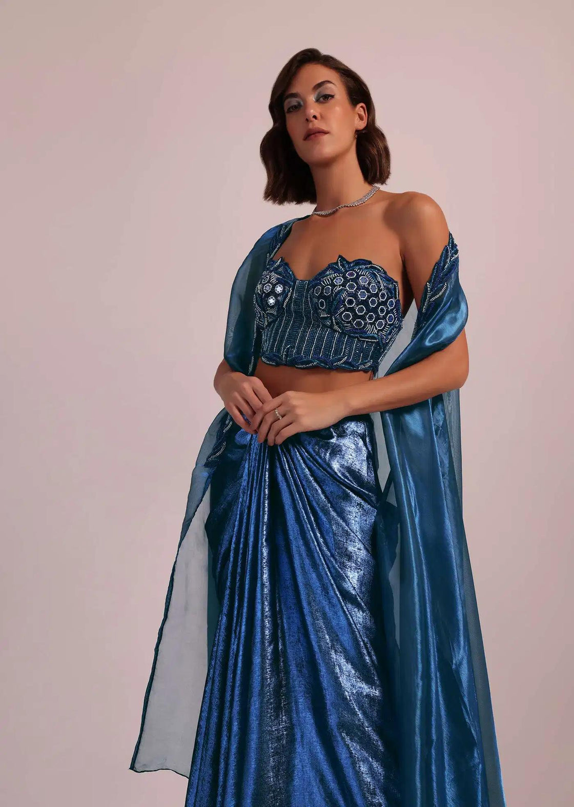 Blue Shimmer Skirt And Blouse With Handcrafted Details