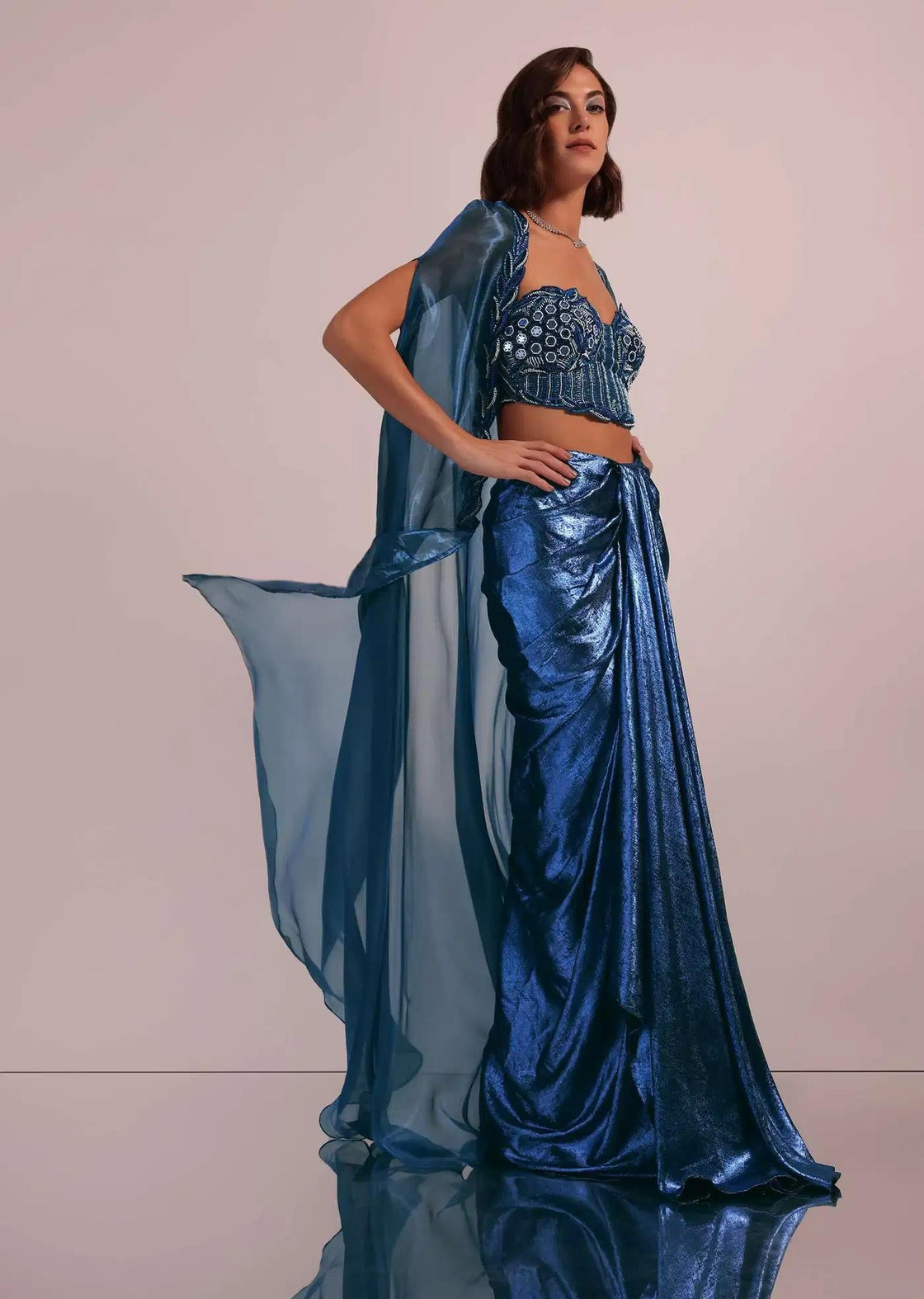 Blue Shimmer Skirt And Blouse With Handcrafted Details