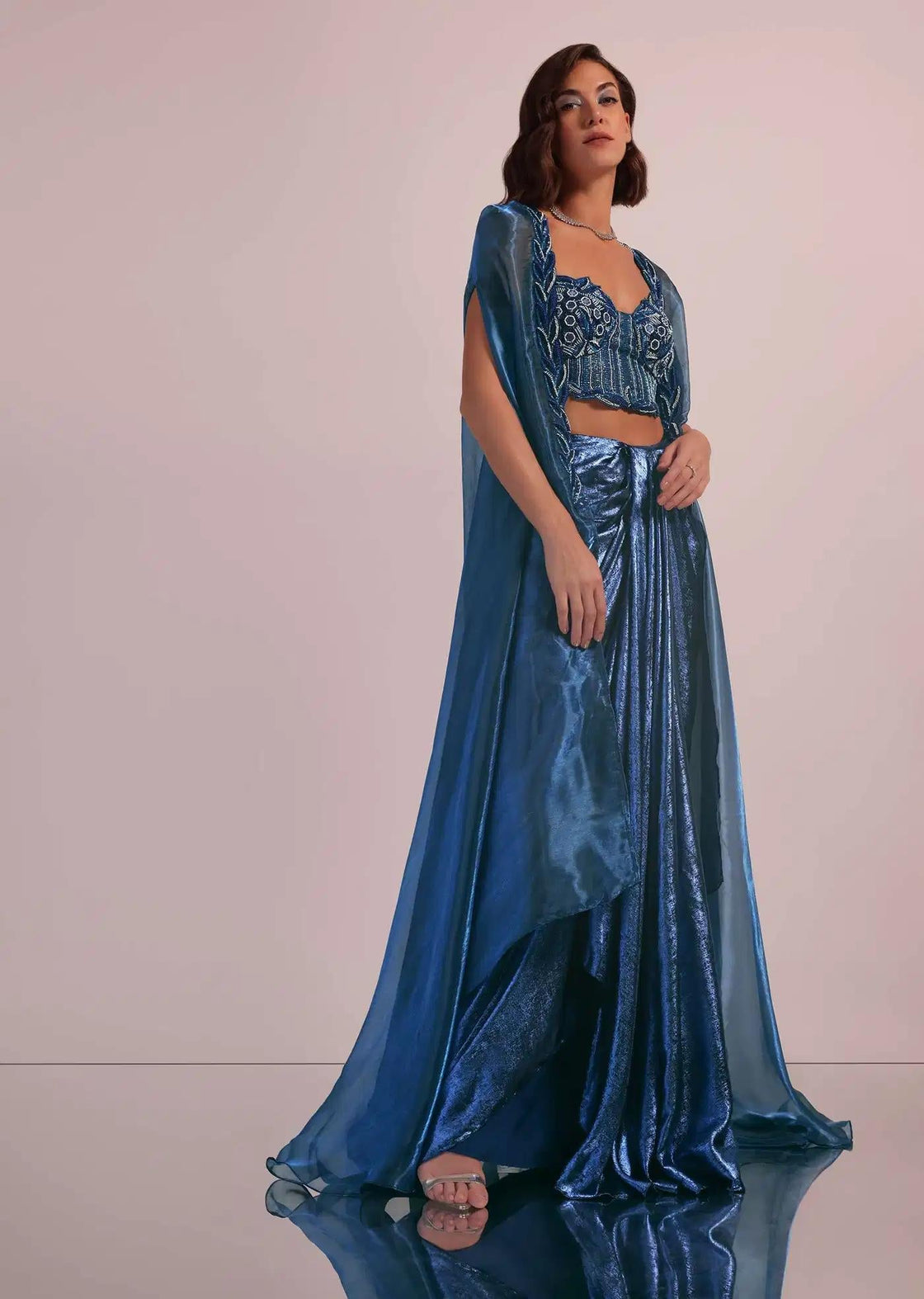 Blue Shimmer Skirt And Blouse With Handcrafted Details