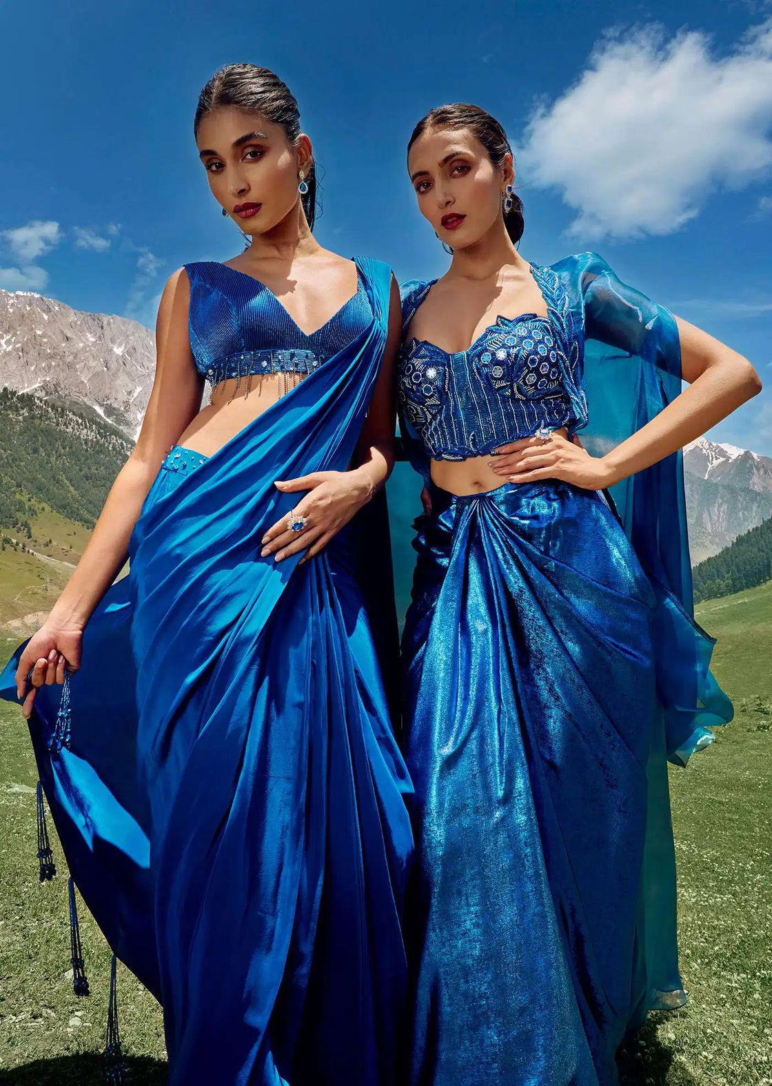 Blue Shimmer Skirt And Blouse With Handcrafted Details