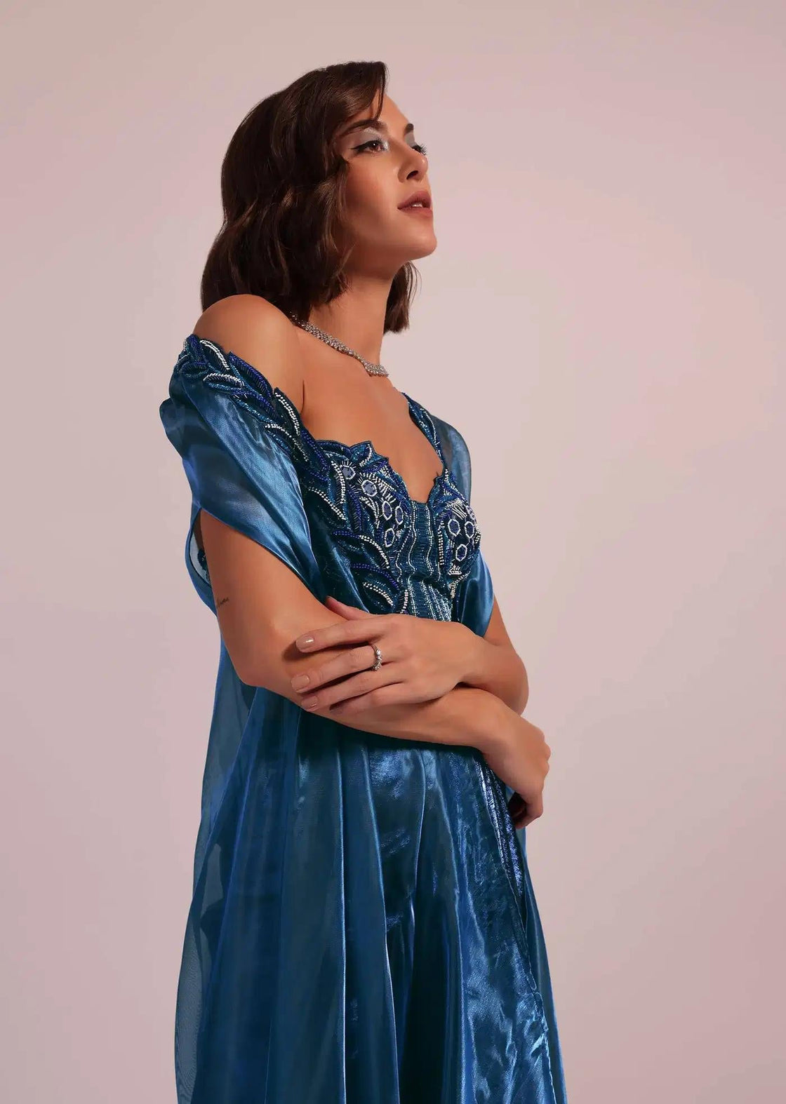 Blue Shimmer Skirt And Blouse With Handcrafted Details