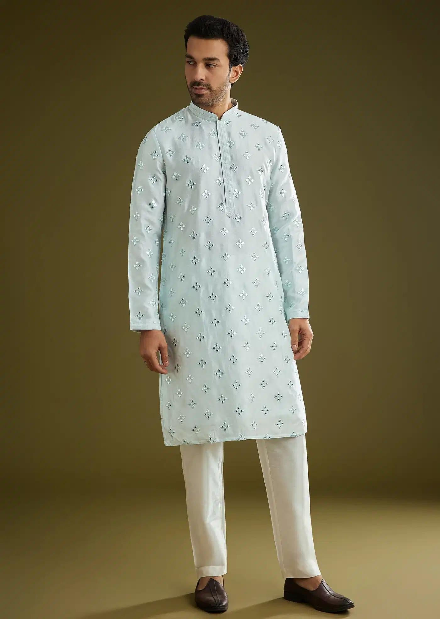 Blue Silk Blend Kurta Set With Mirror Work Elegant Designer Kurta Sets