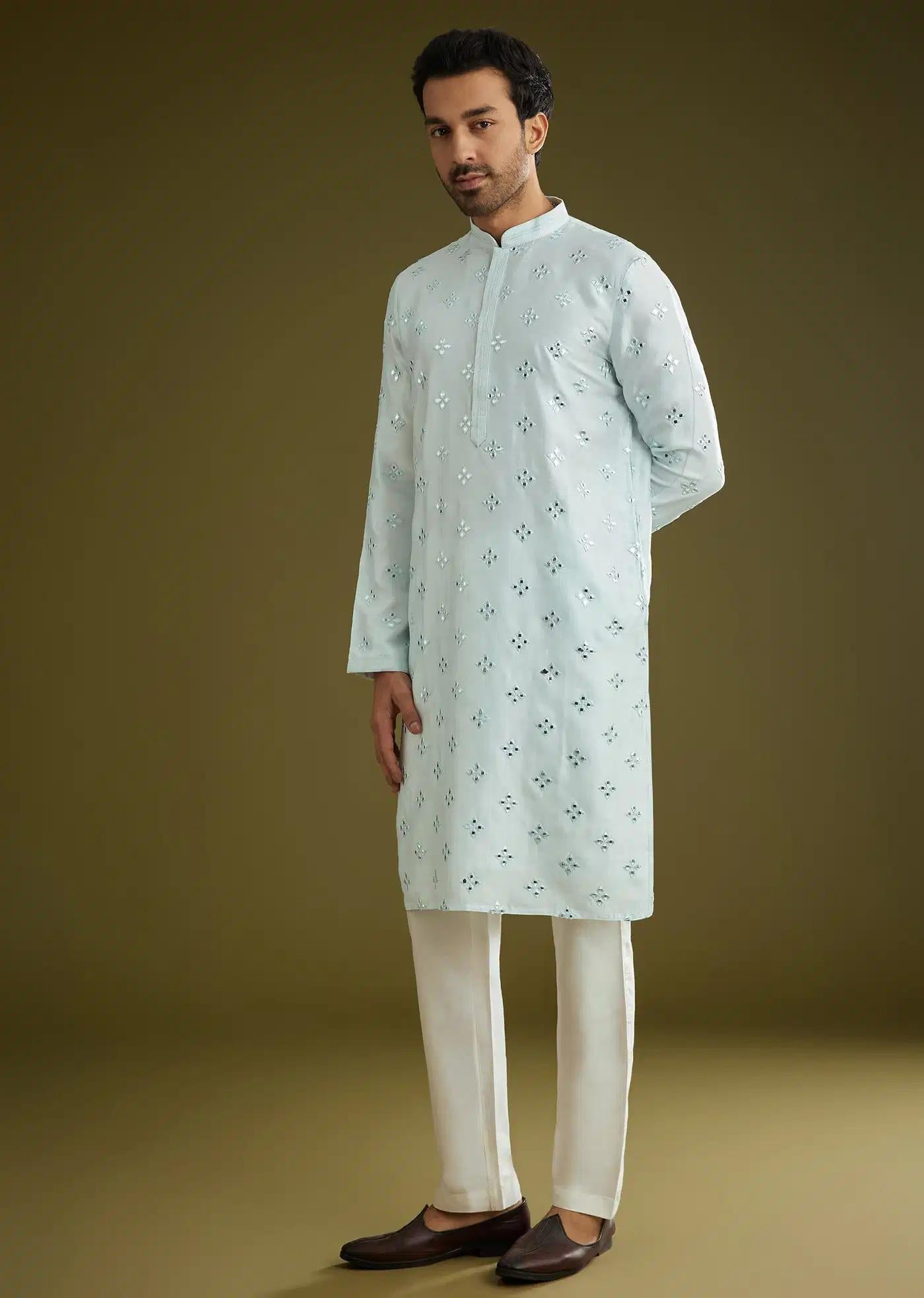 Blue Silk Blend Kurta Set With Mirror Work Elegant Designer Kurta Sets