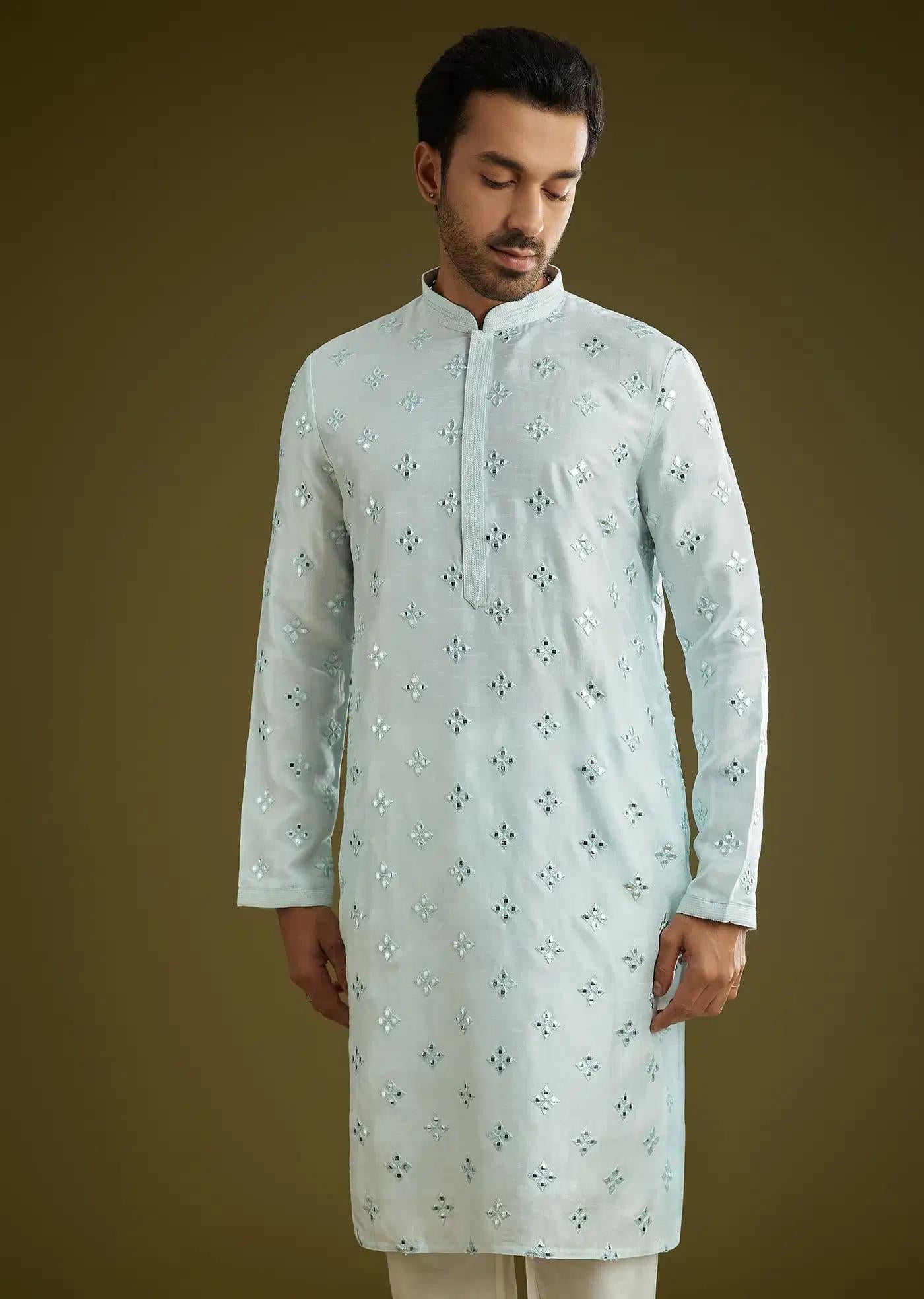 Blue Silk Blend Kurta Set With Mirror Work Elegant Designer Kurta Sets