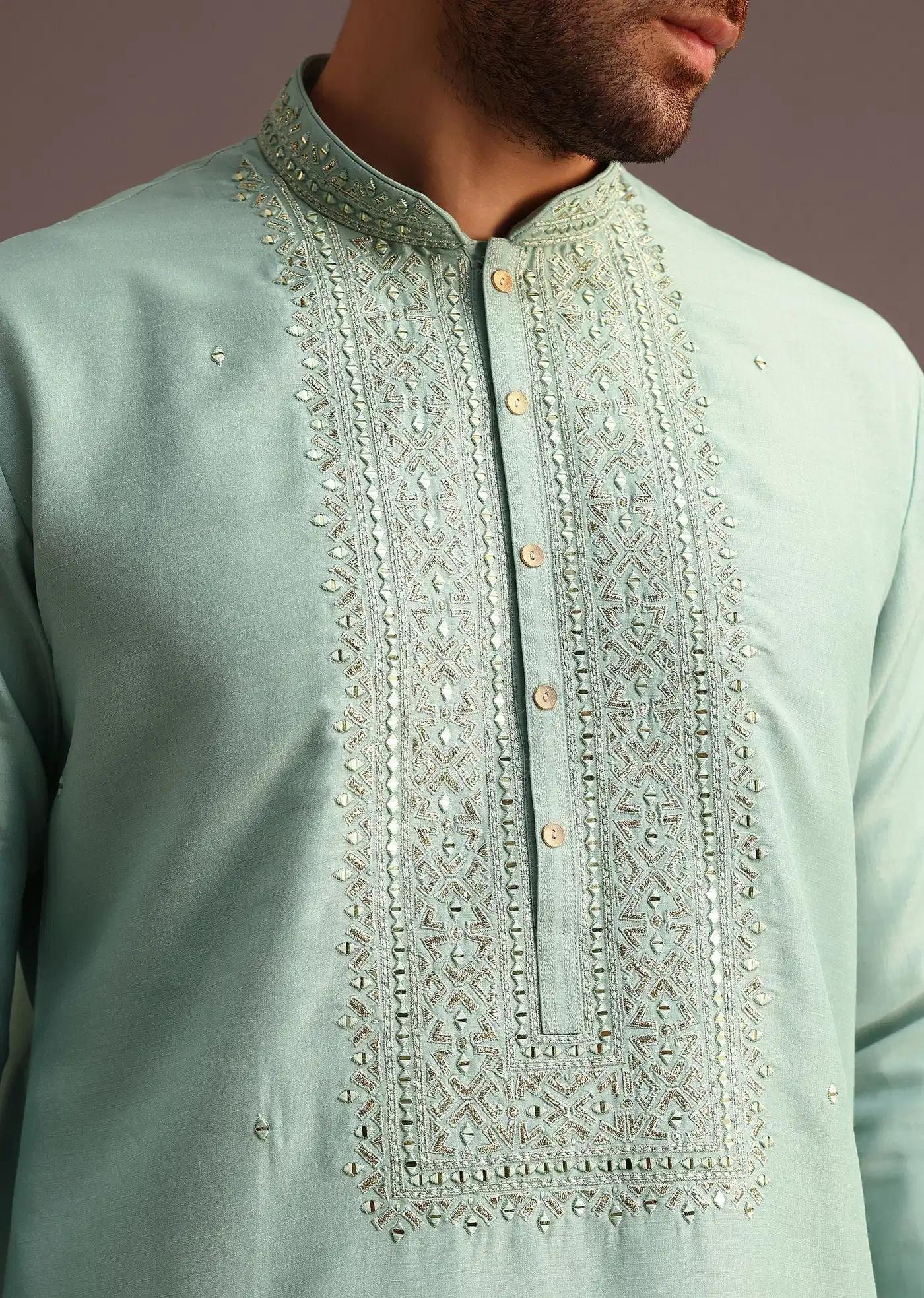 Blue Silk Hand Work Embroidered Yoke Kurta And Pant Elegant Designer Kurta Sets