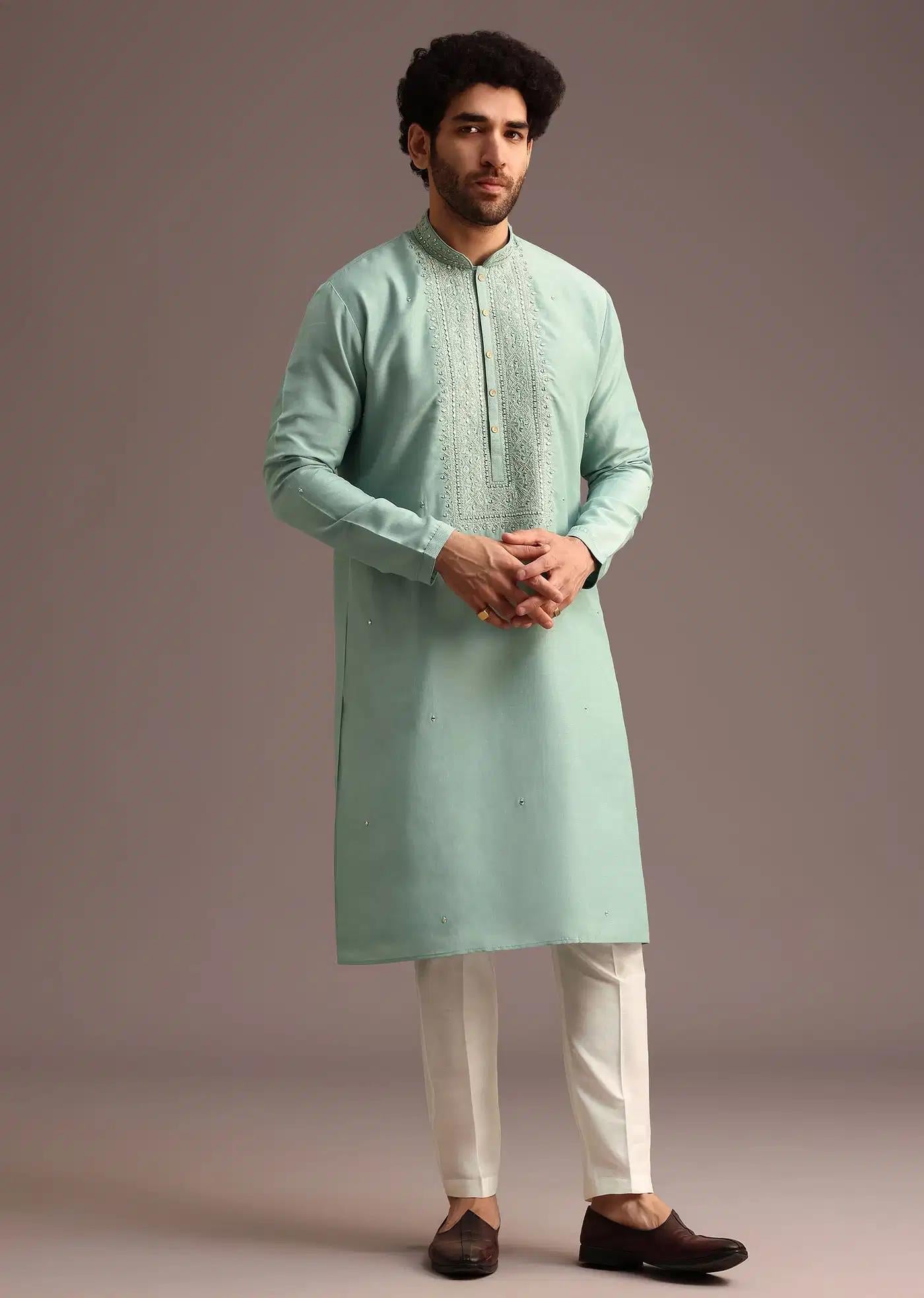 Blue Silk Hand Work Embroidered Yoke Kurta And Pant Elegant Designer Kurta Sets