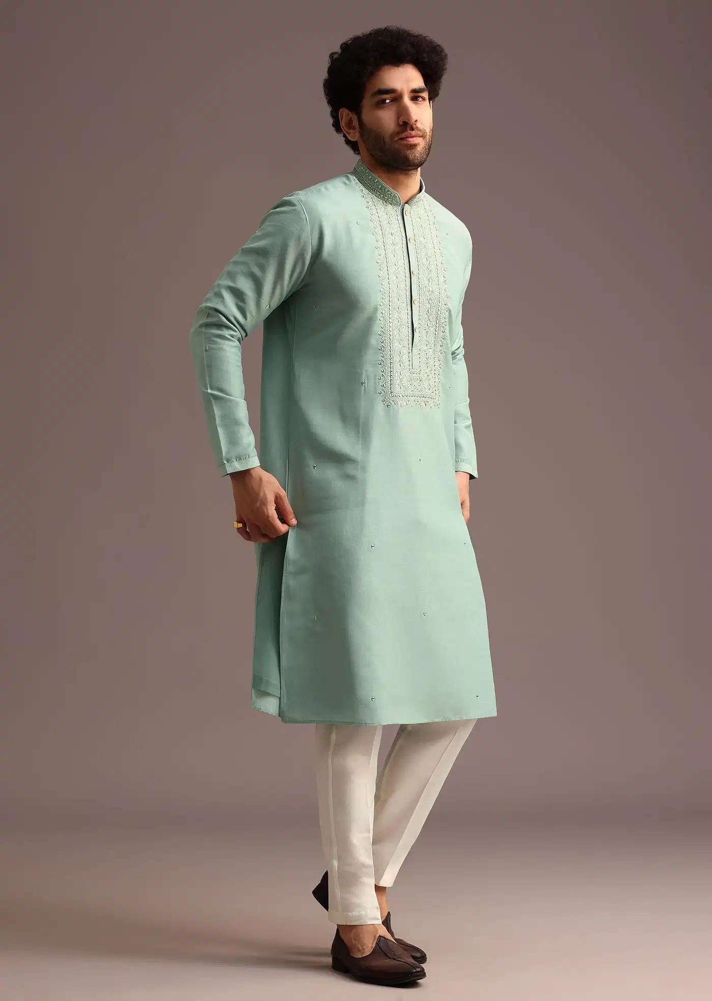 Blue Silk Hand Work Embroidered Yoke Kurta And Pant Elegant Designer Kurta Sets