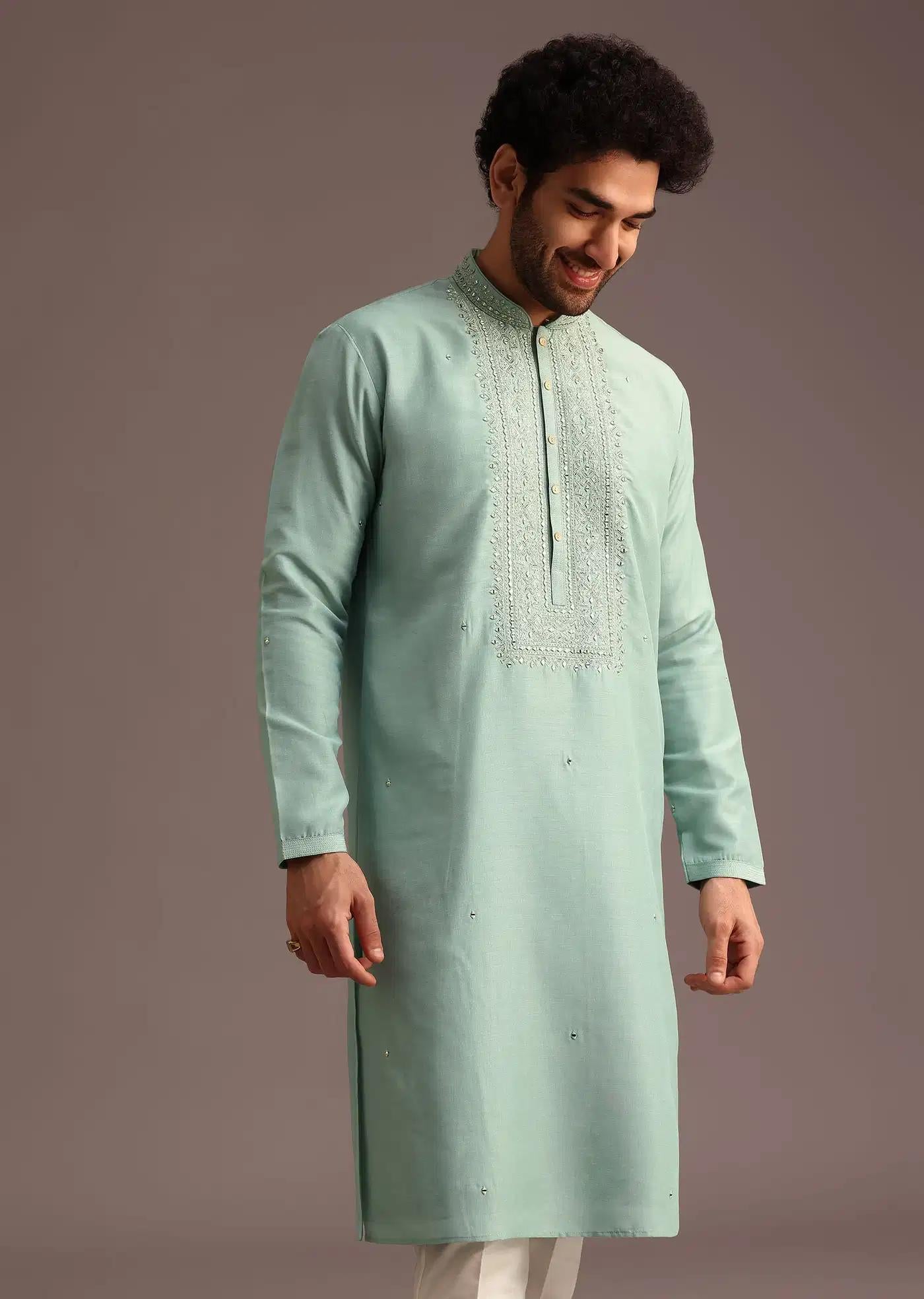 Blue Silk Hand Work Embroidered Yoke Kurta And Pant Elegant Designer Kurta Sets