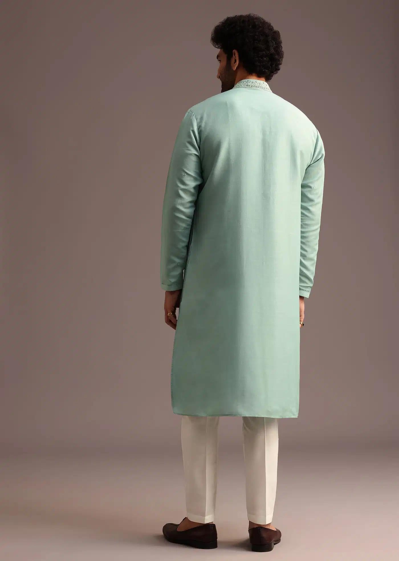 Blue Silk Hand Work Embroidered Yoke Kurta And Pant Elegant Designer Kurta Sets