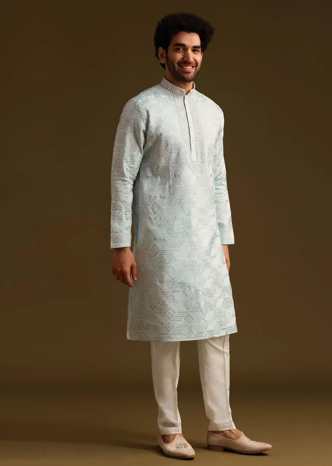 Blue Silk Mandarin Collar Kurta Set With Embroidered Yoke Elegant Designer Kurta Sets