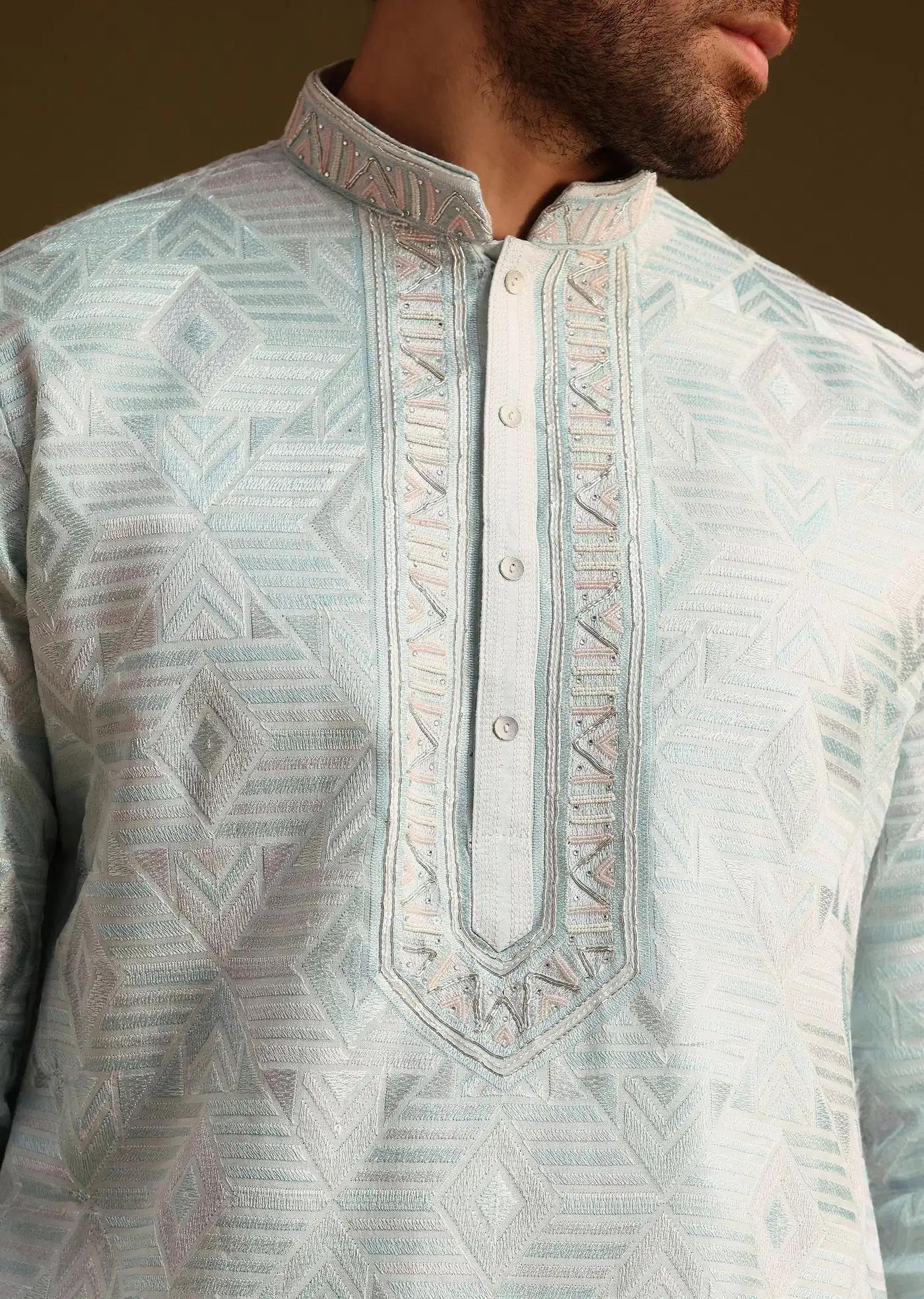 Blue Silk Mandarin Collar Kurta Set With Embroidered Yoke Elegant Designer Kurta Sets