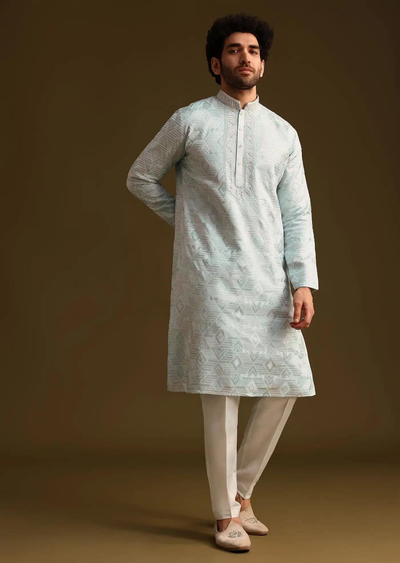 Blue Silk Mandarin Collar Kurta Set With Embroidered Yoke Elegant Designer Kurta Sets