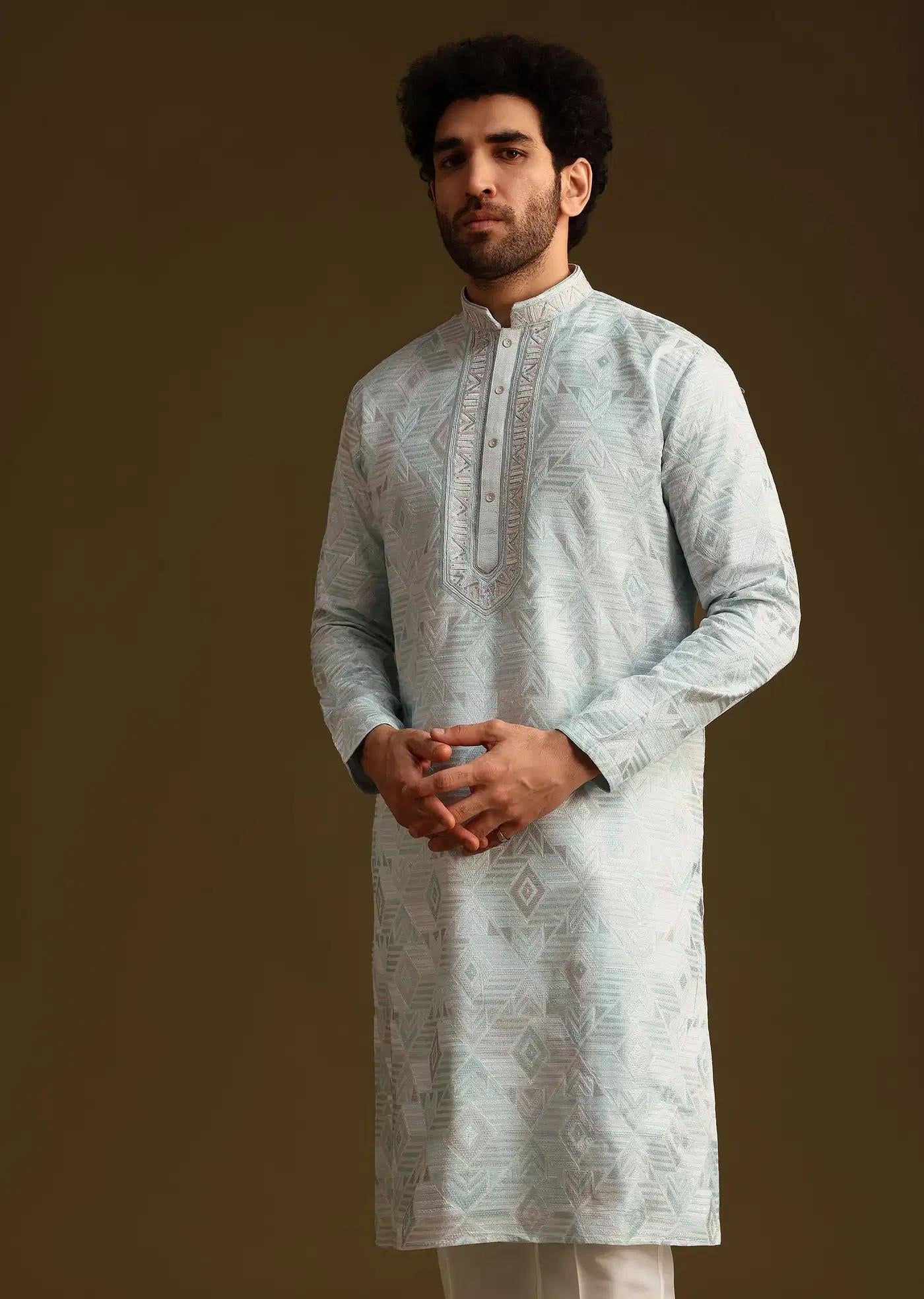 Blue Silk Mandarin Collar Kurta Set With Embroidered Yoke Elegant Designer Kurta Sets