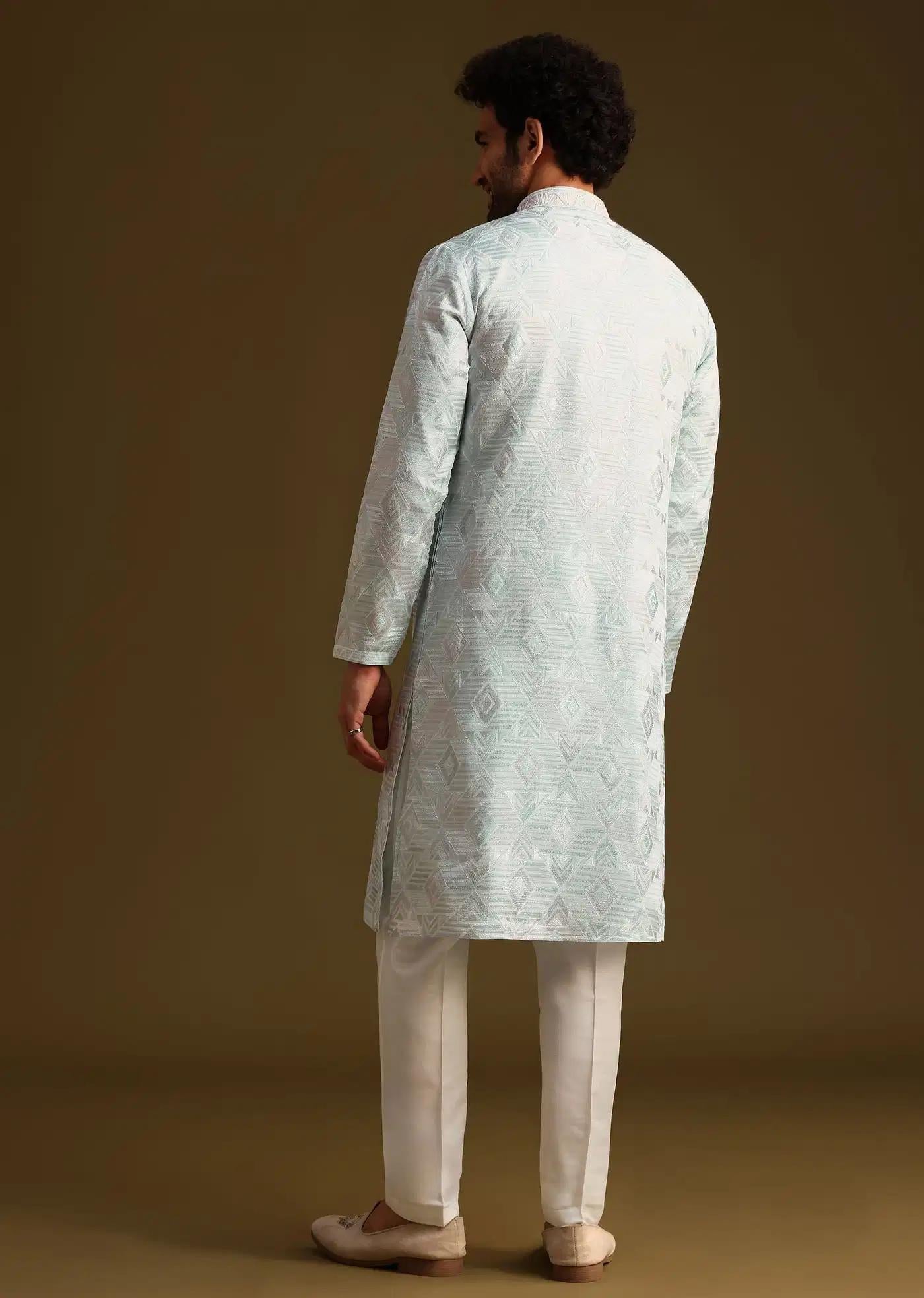 Blue Silk Mandarin Collar Kurta Set With Embroidered Yoke Elegant Designer Kurta Sets