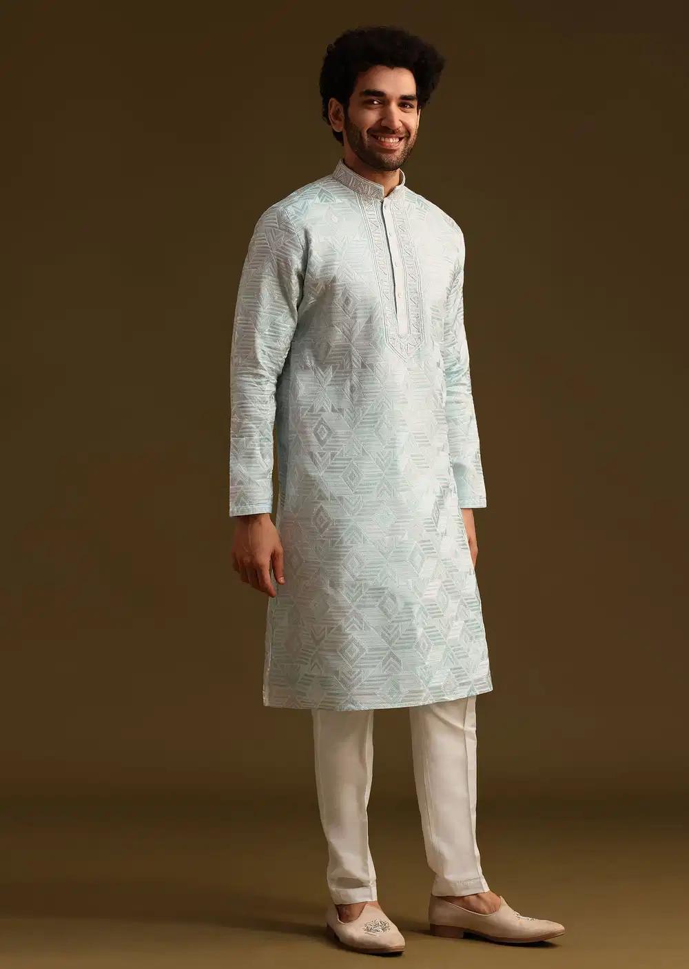 Blue Silk Mandarin Collar Kurta Set With Embroidered Yoke Elegant Designer Kurta Sets