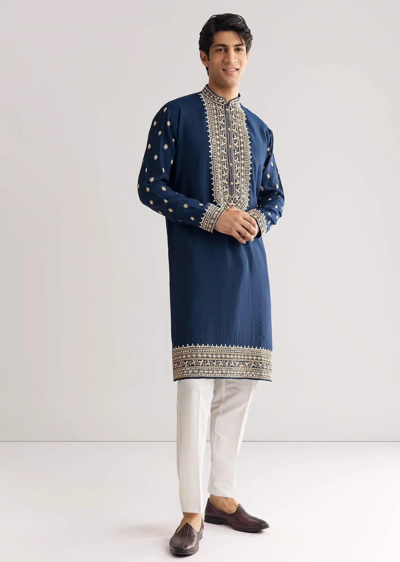 Blue Silk Yoke Embroidered Kurta Set With Gotta And Resham Work Elegant Designer Kurta Sets