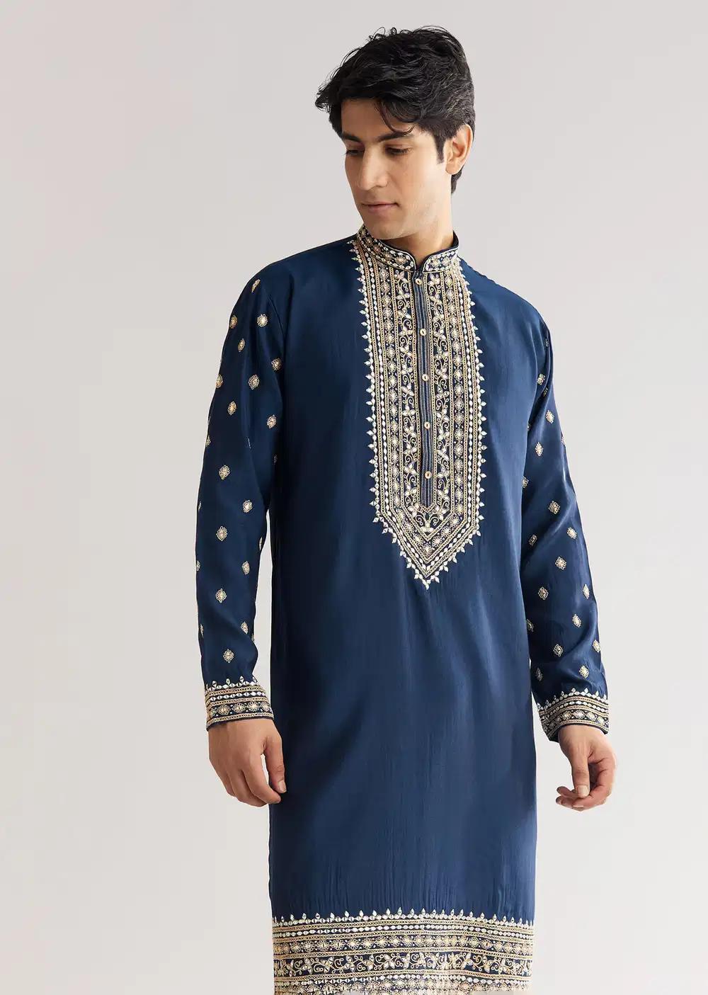 Blue Silk Yoke Embroidered Kurta Set With Gotta And Resham Work Elegant Designer Kurta Sets