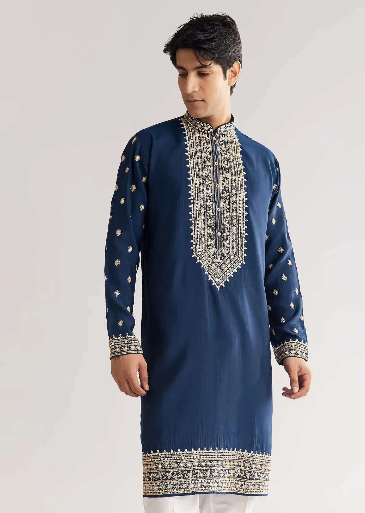 Blue Silk Yoke Embroidered Kurta Set With Gotta And Resham Work Elegant Designer Kurta Sets