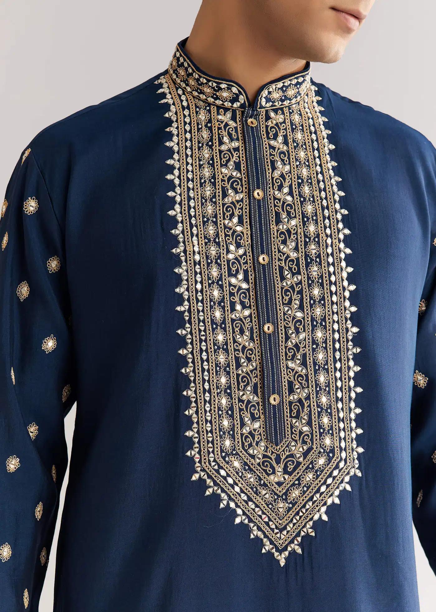 Blue Silk Yoke Embroidered Kurta Set With Gotta And Resham Work Elegant Designer Kurta Sets