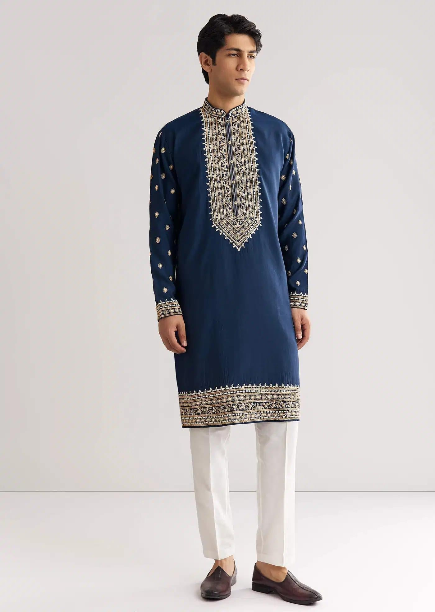 Blue Silk Yoke Embroidered Kurta Set With Gotta And Resham Work Elegant Designer Kurta Sets